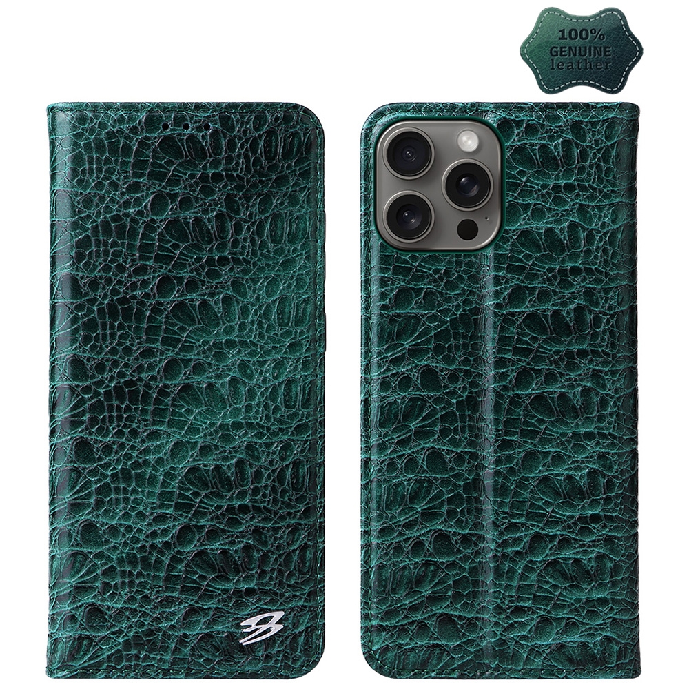 For iPhone 16 Pro Fierre Shann Crocodile Texture Magnetic Genuine Leather Phone Case(Green) - Shopkiz.com