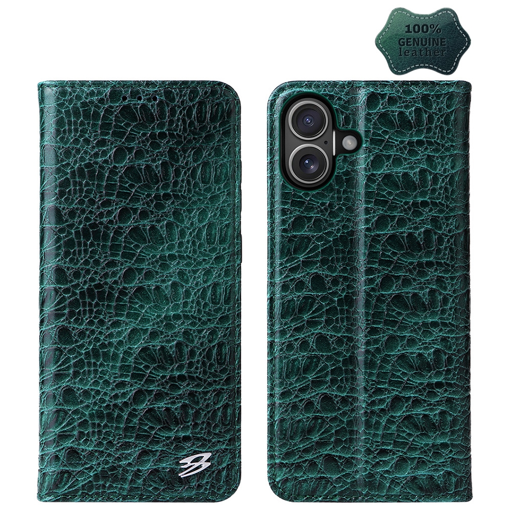 For iPhone 16 Fierre Shann Crocodile Texture Magnetic Genuine Leather Phone Case(Green) - Shopkiz.com