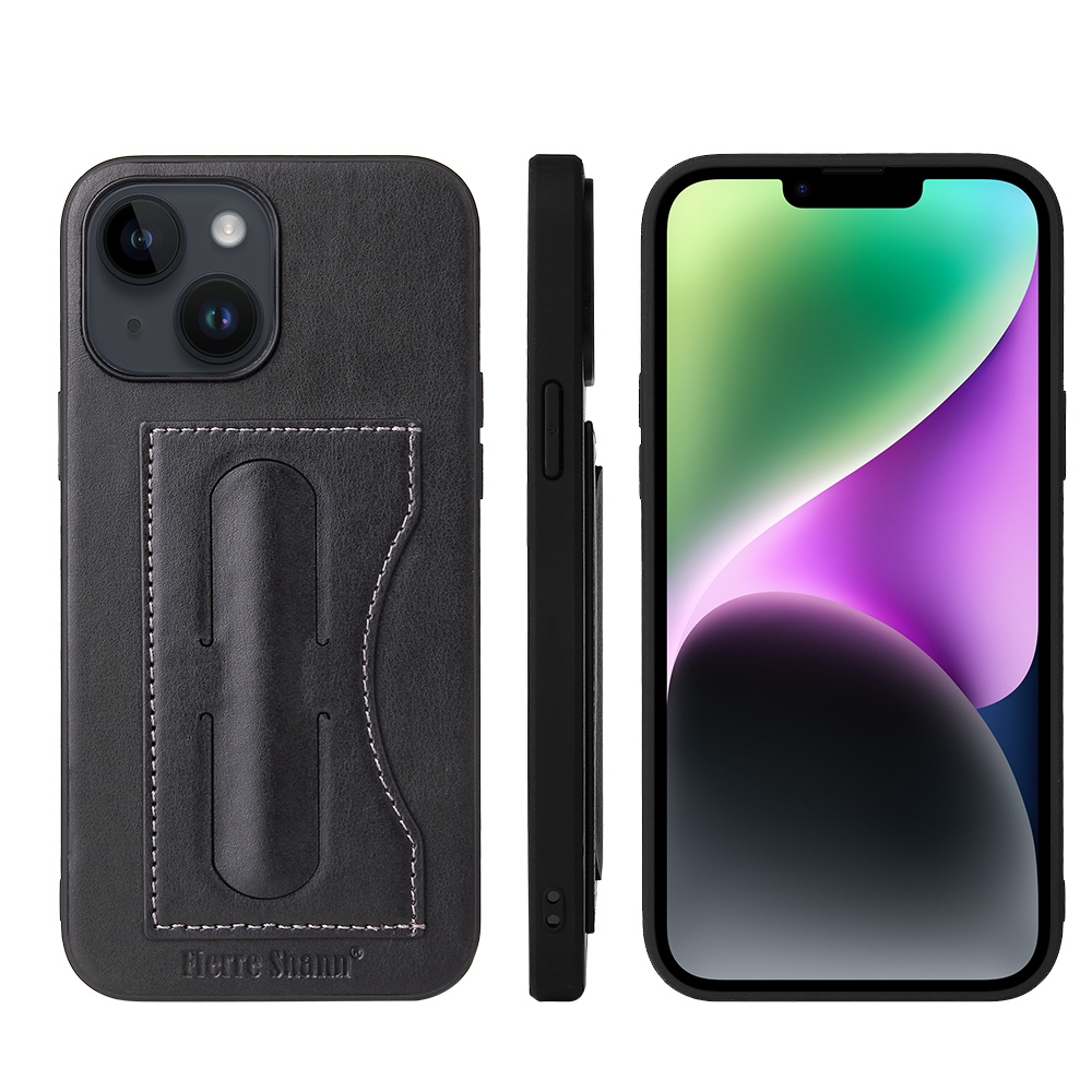 For iPhone 15 Fierre Shann Holder Back Cover PU Phone Case(Black) - Shopkiz.com
