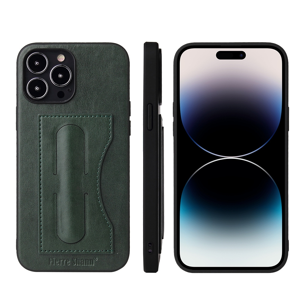 For iPhone 14 Pro Fierre Shann Holder Back Cover PU Phone Case(Green) - Shopkiz.com