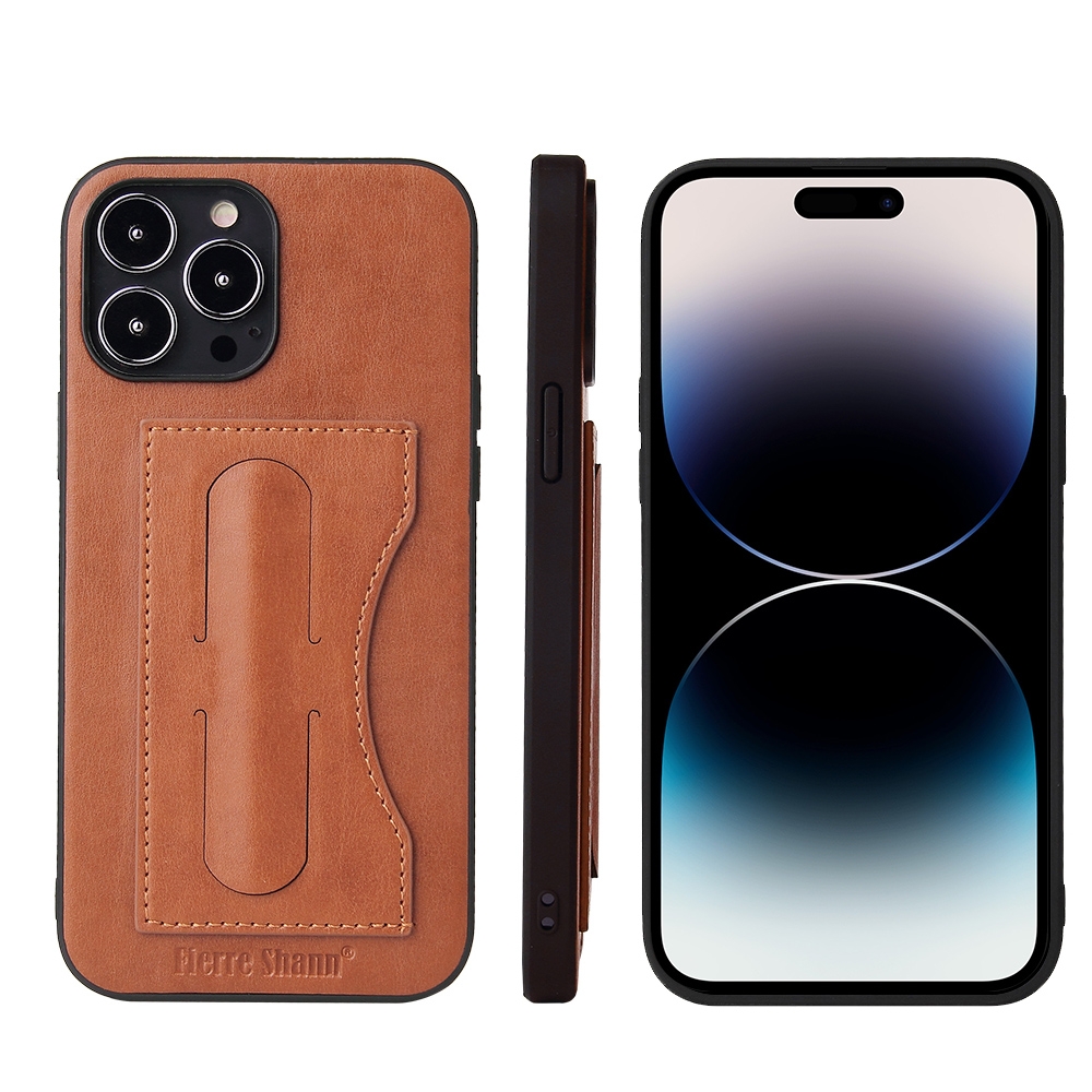 For iPhone 14 Pro Fierre Shann Holder Back Cover PU Phone Case(Brown) - Shopkiz.com