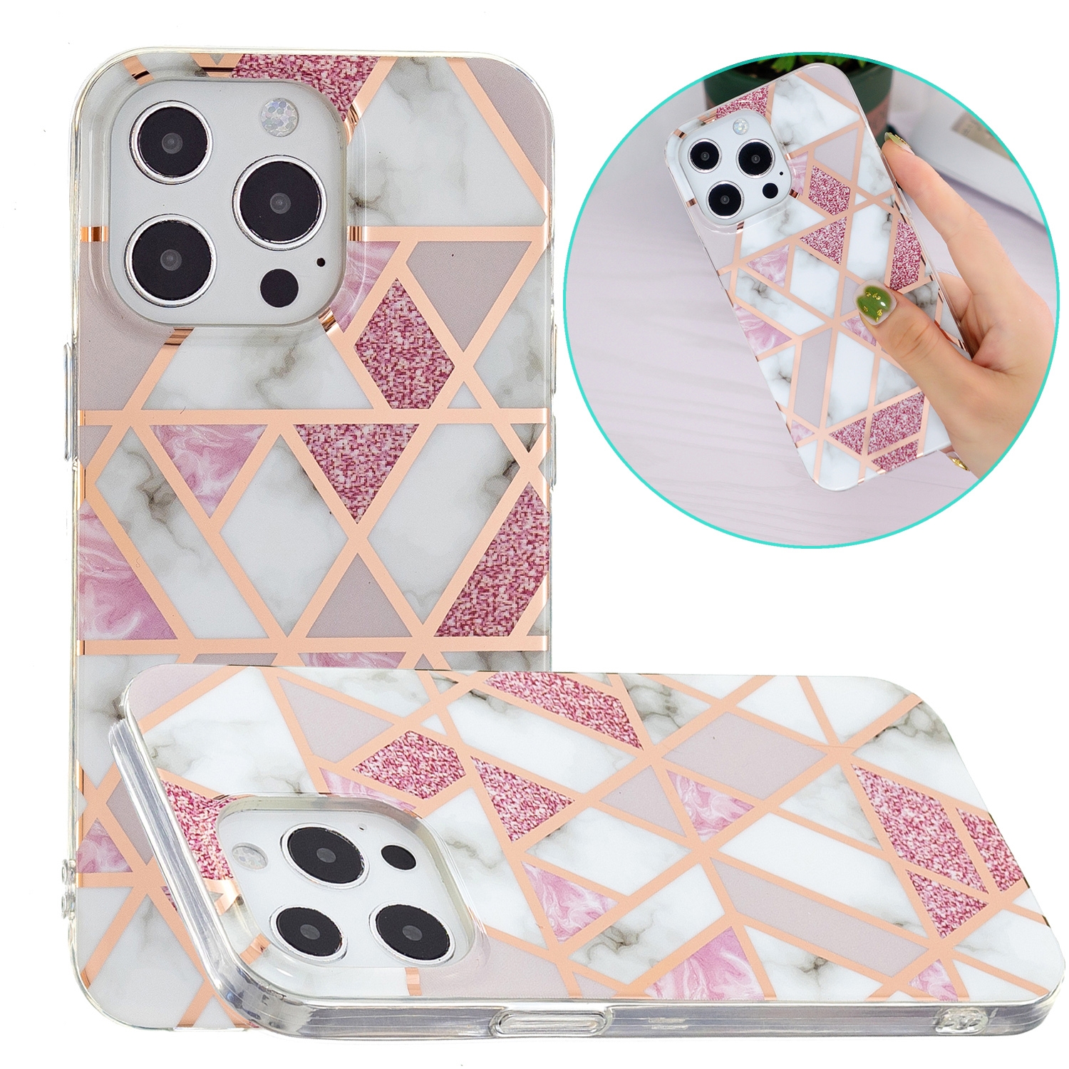 Electroplating Soft TPU Phone Case For iPhone 15 Pro(Pink White Rhombus) - Shopkiz.com