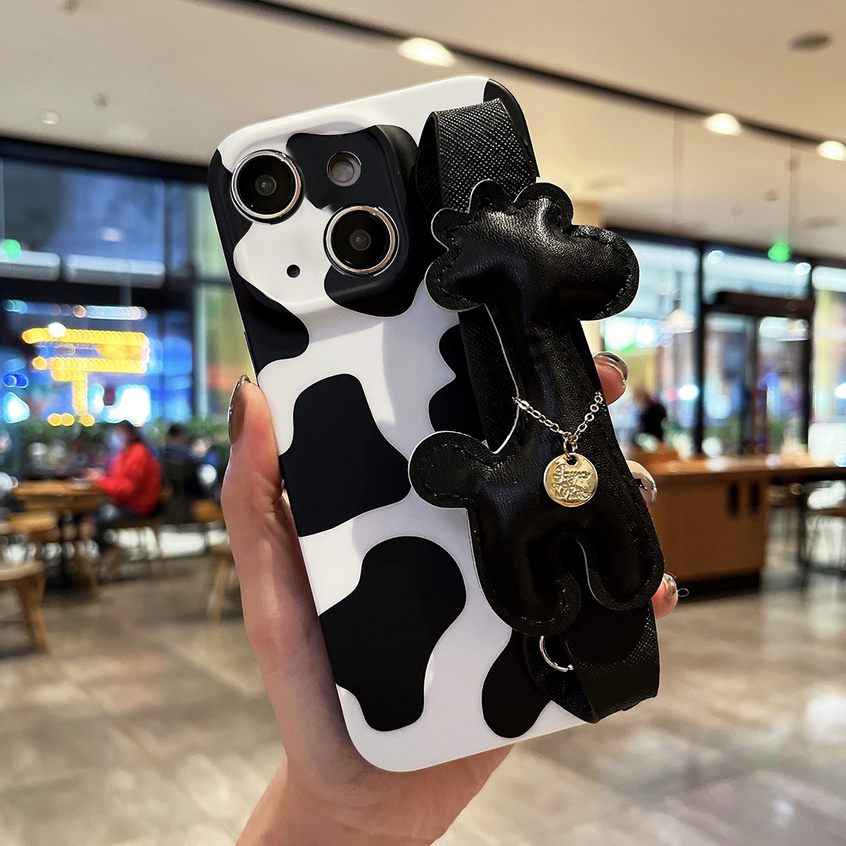 For iPhone 14 Plus Frosted Wrist Band TPU Phone Case(Milk Cow Texture) - Shopkiz.com