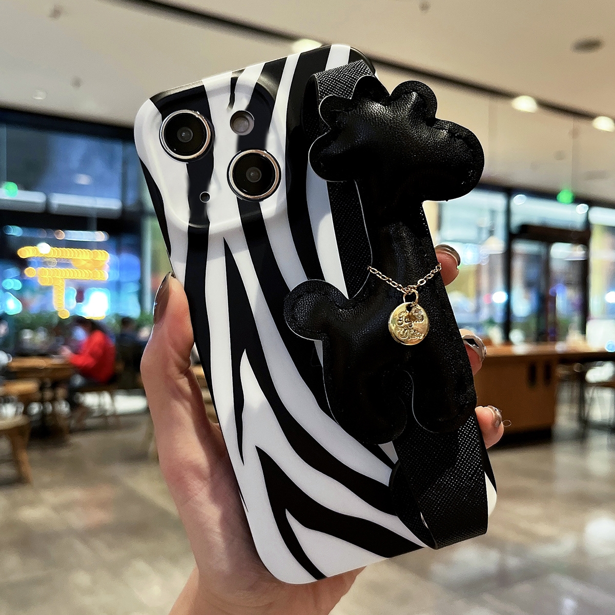 For iPhone 14 Frosted Wrist Band TPU Phone Case(Zebra Texture) - Shopkiz.com