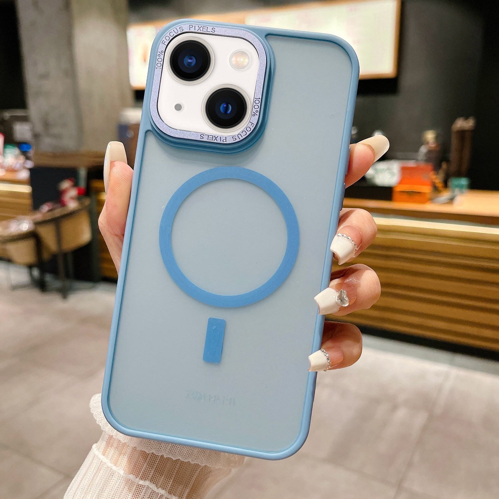 For iPhone 14 Plus Imitation Metal Frosted Skin Feel Acrylic MagSafe Phone Case(Sierra Blue) - Shopkiz.com