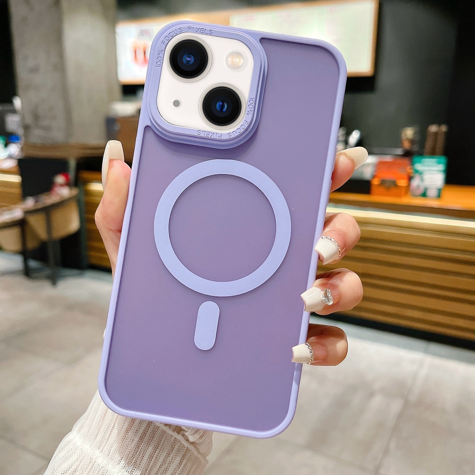 For iPhone 14 Plus Imitation Metal Frosted Skin Feel Acrylic MagSafe Phone Case(Light Purple) - Shopkiz.com