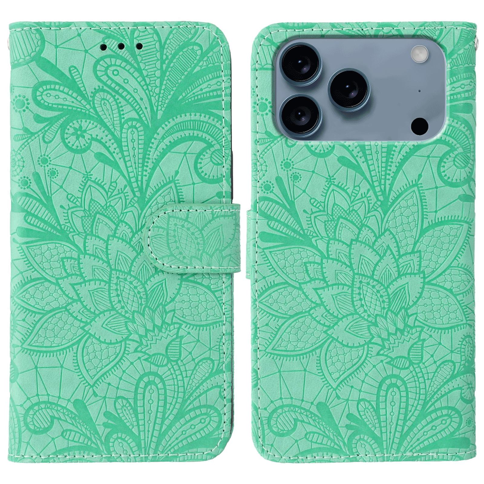 For iPhone 17 Pro Max Lace Flower Embossing Flip Leather Phone Case(Green) - Shopkiz.com