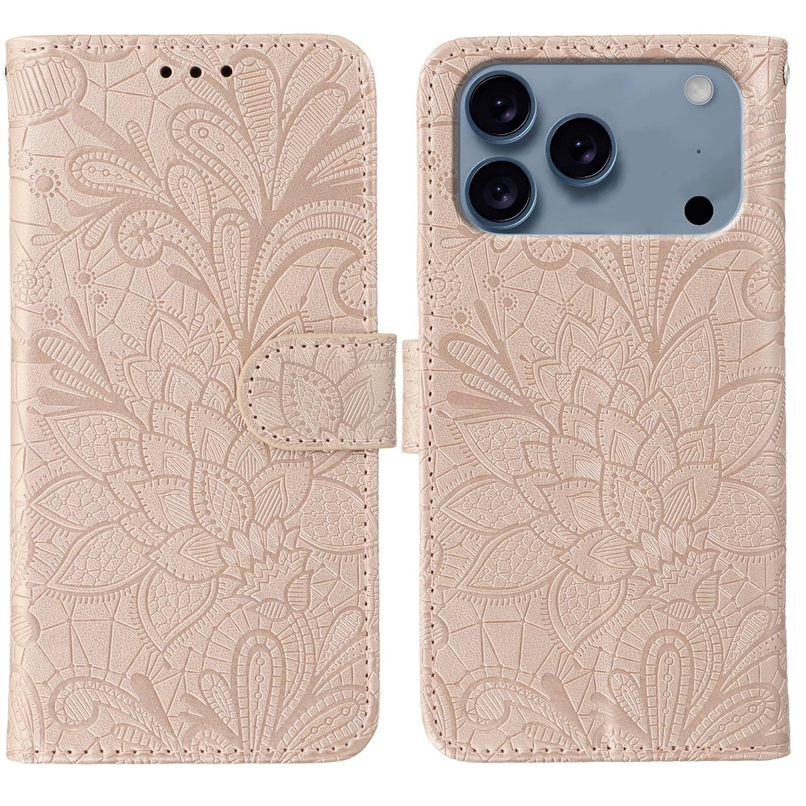 For iPhone 17 Pro Lace Flower Embossing Flip Leather Phone Case(Rose Gold) - Shopkiz.com
