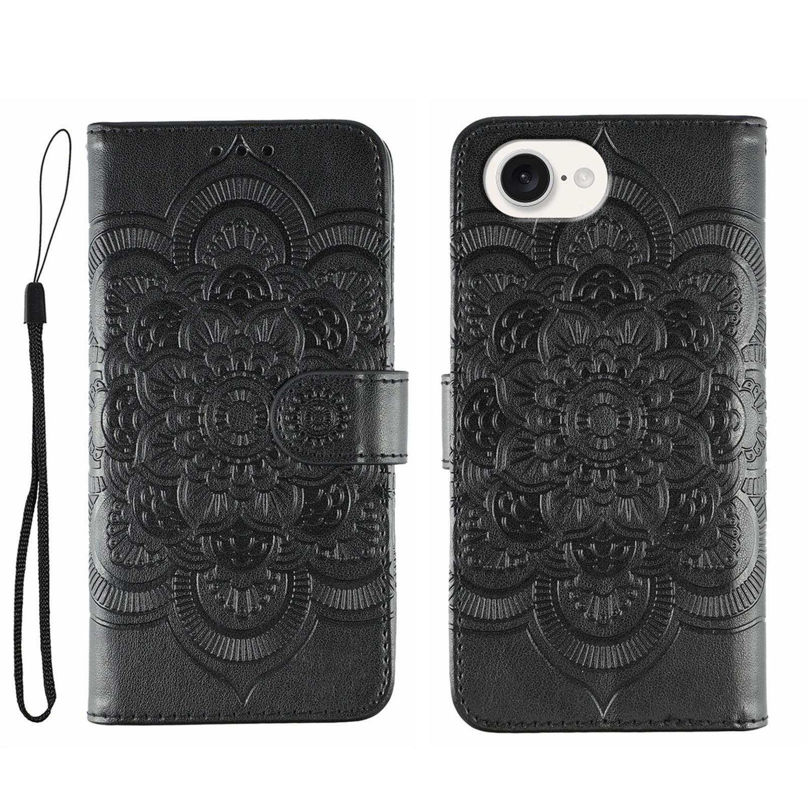 For iPhone 16e / 17e Sun Mandala Embossing Leather Phone Case(Black) - Shopkiz.com