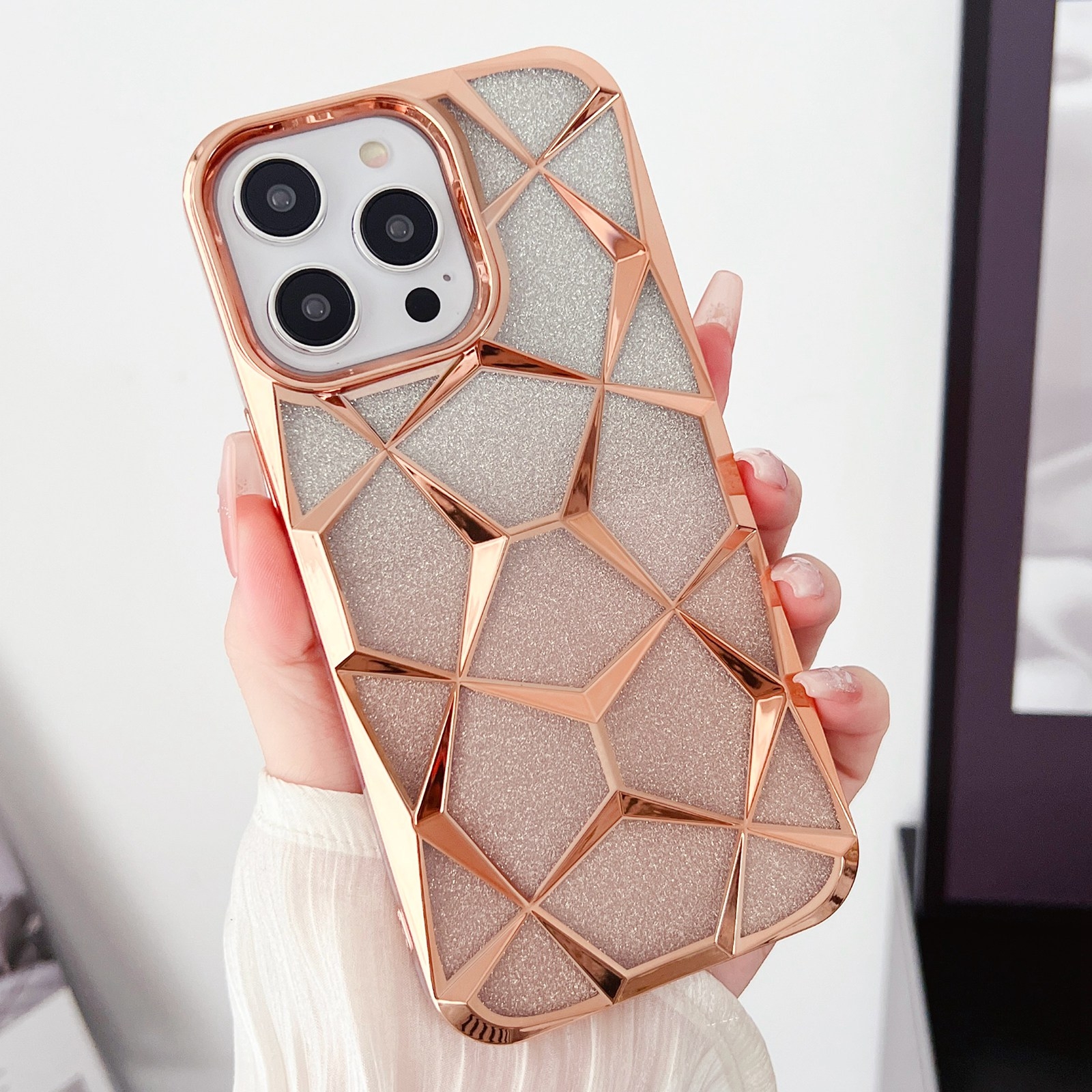 For iPhone 14 Plus Gradient Glitter Water Cube Electroplating TPU Phone Case(Rose Gold) - Shopkiz.com