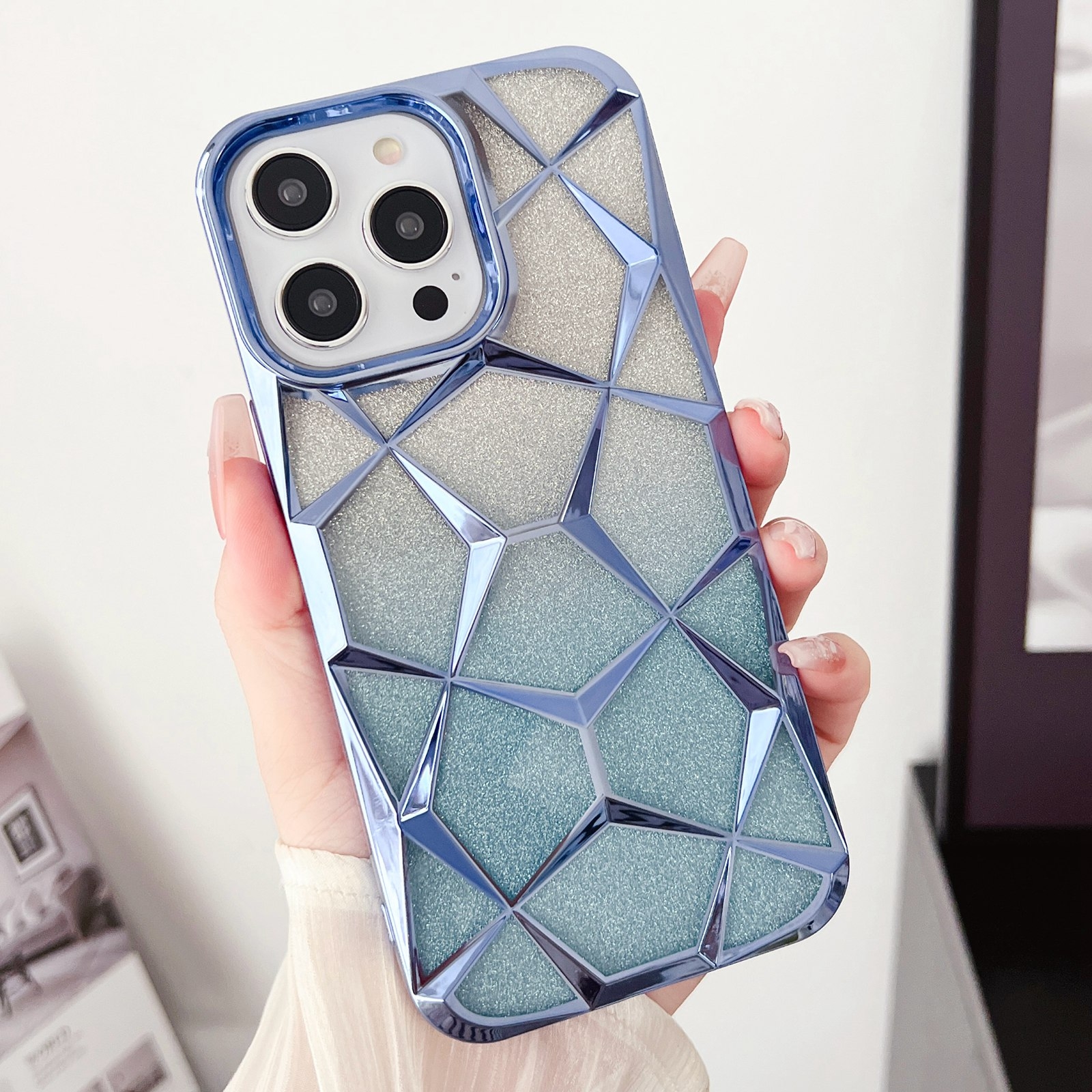 For iPhone 12 Gradient Glitter Water Cube Electroplating TPU Phone Case(Blue) - Shopkiz.com