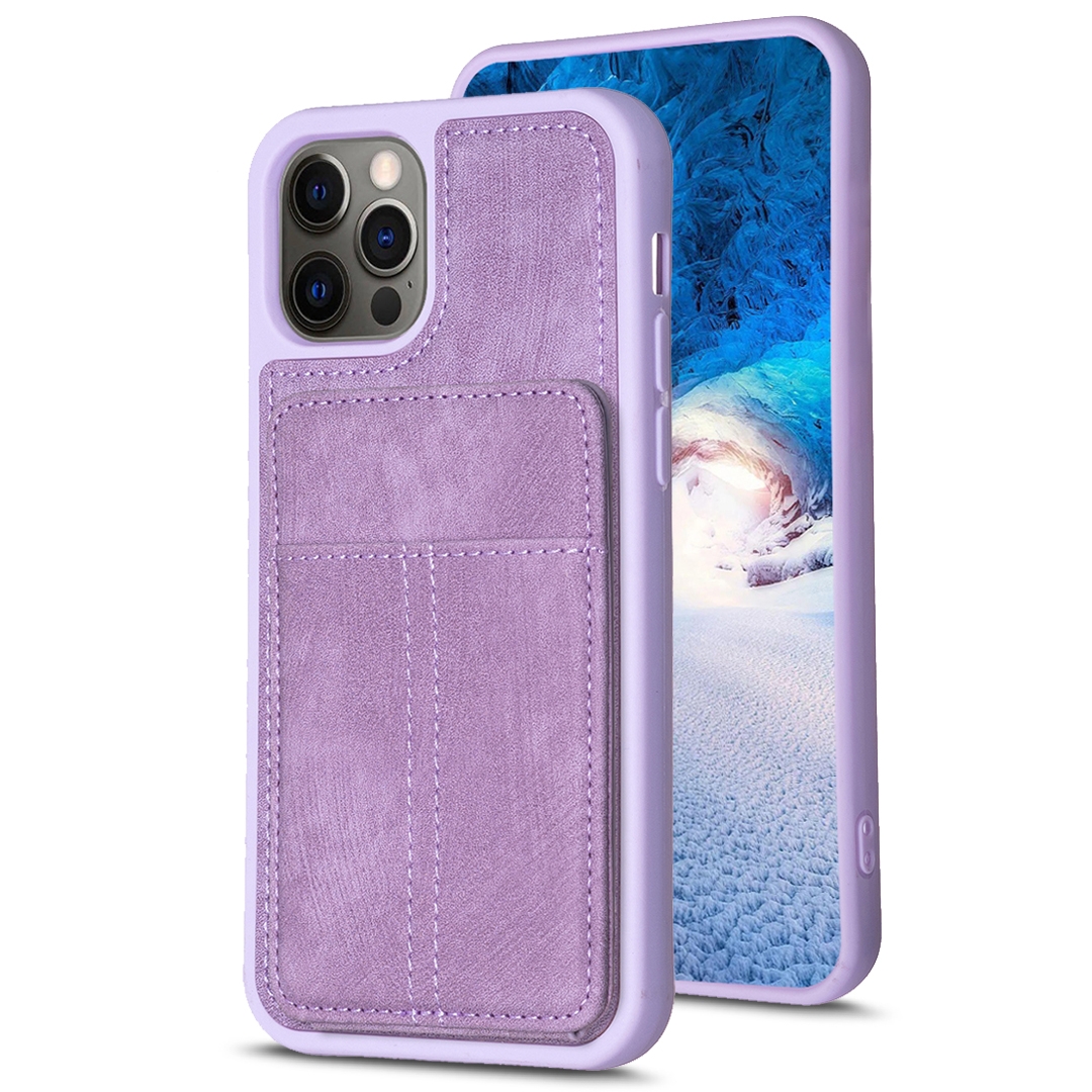 For iPhone 12 / 12 Pro BF28 Frosted Card Bag Phone Case with Holder(Purple) - Shopkiz.com