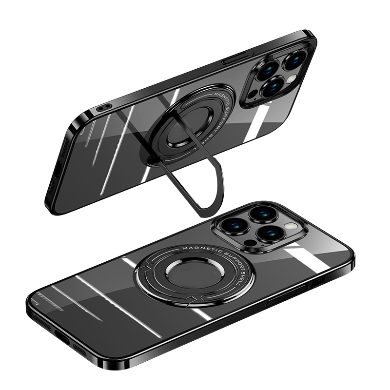 For iPhone 15 Pro MagSafe Magnetic Holder Plating PC Phone Case(Black) - Shopkiz.com