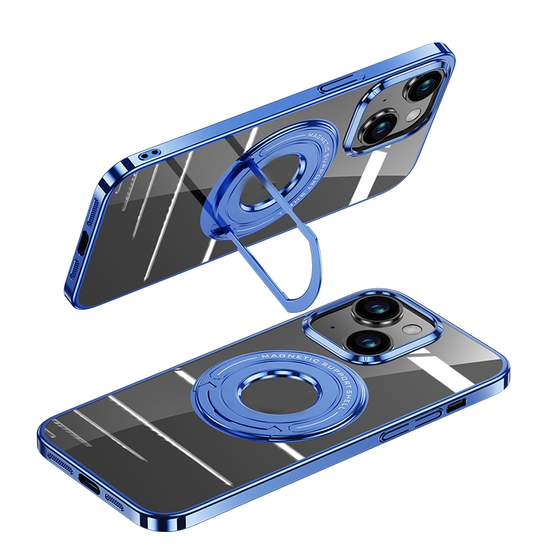 For iPhone 15 MagSafe Magnetic Holder Plating PC Phone Case(Blue) - Shopkiz.com