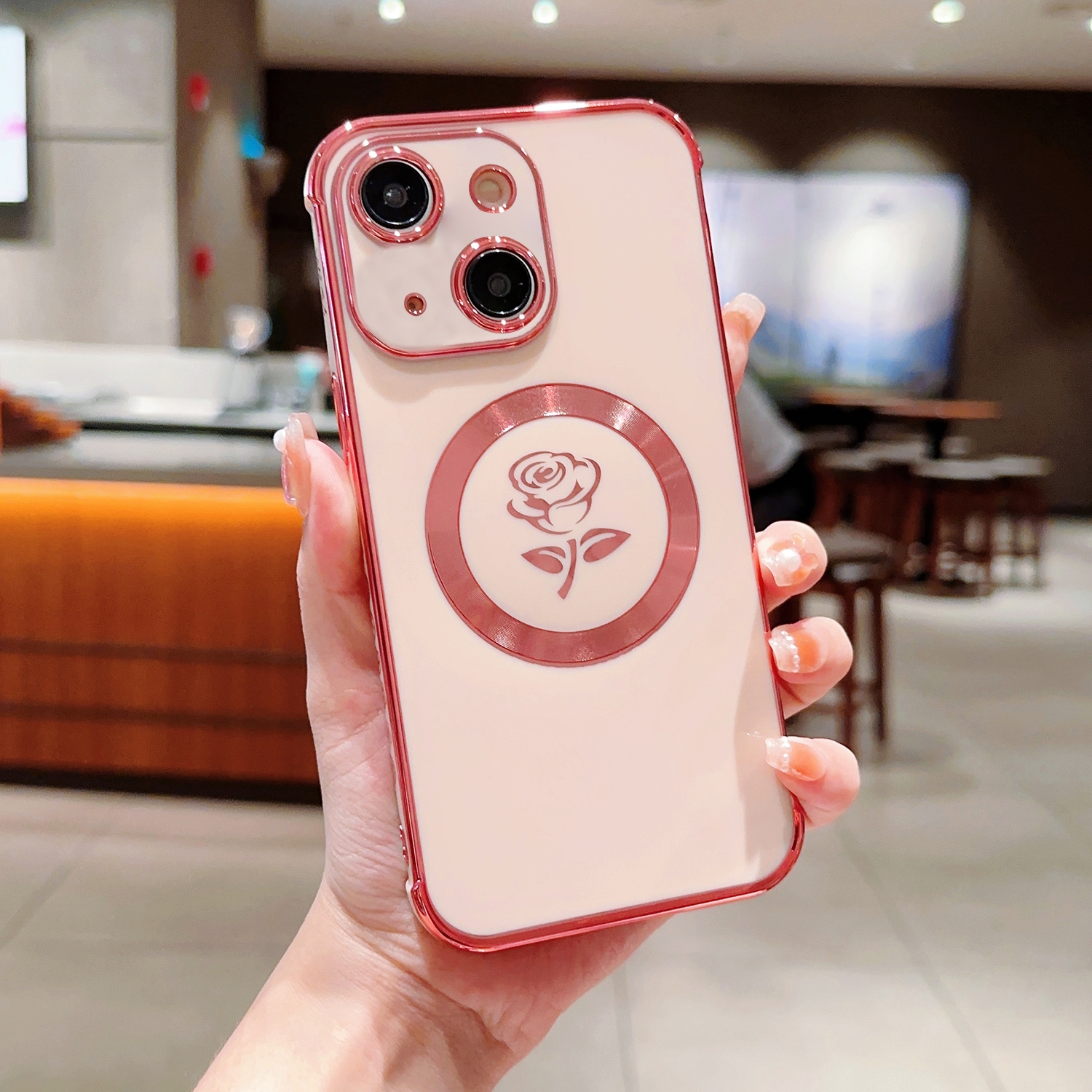 For iPhone 14 Electroplate Side Roses Flower MagSafe Phone Case(Pink) - Shopkiz.com