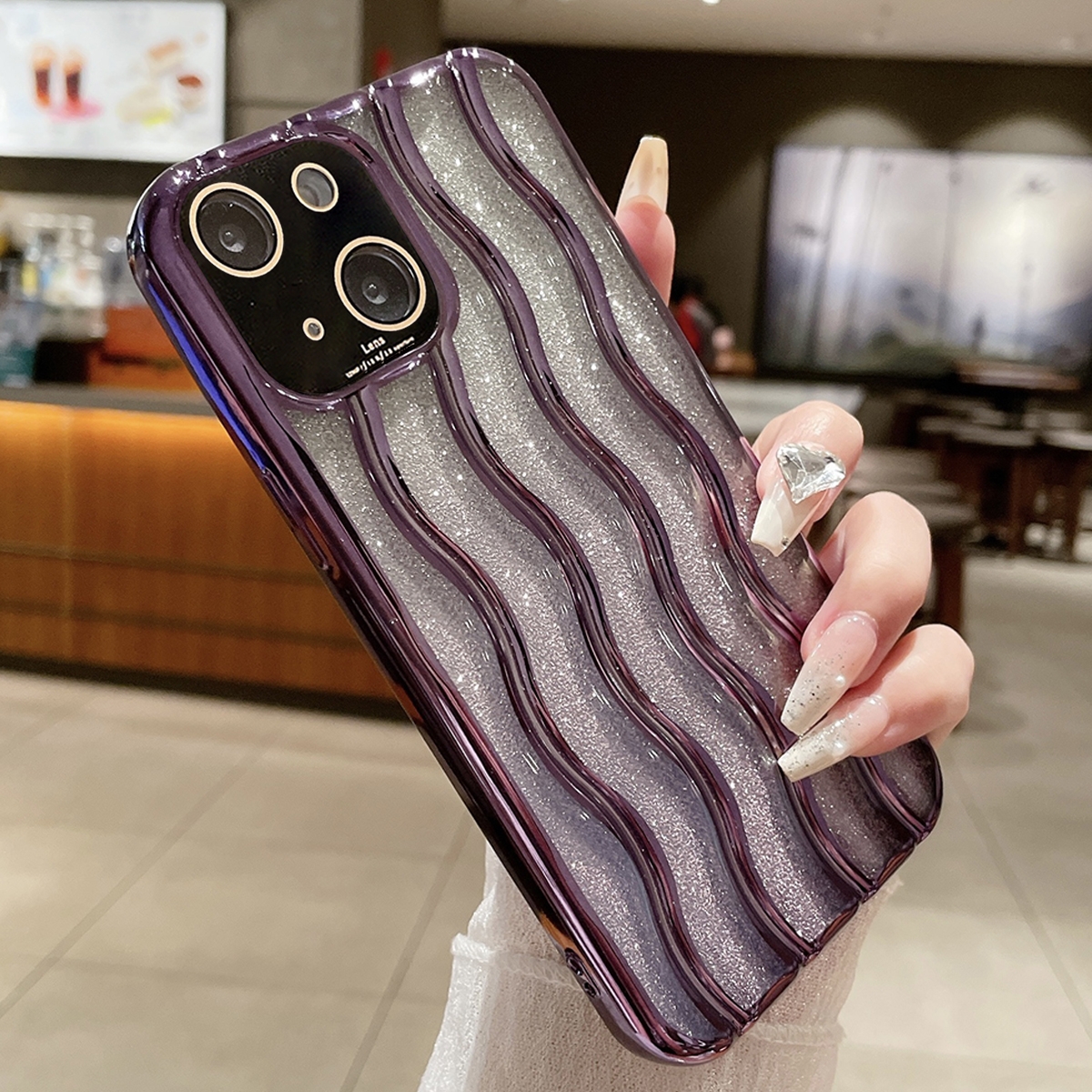 For iPhone 15 Plus Wave Texture Electroplated TPU Glitter Powder Phone Case(Purple) - Shopkiz.com