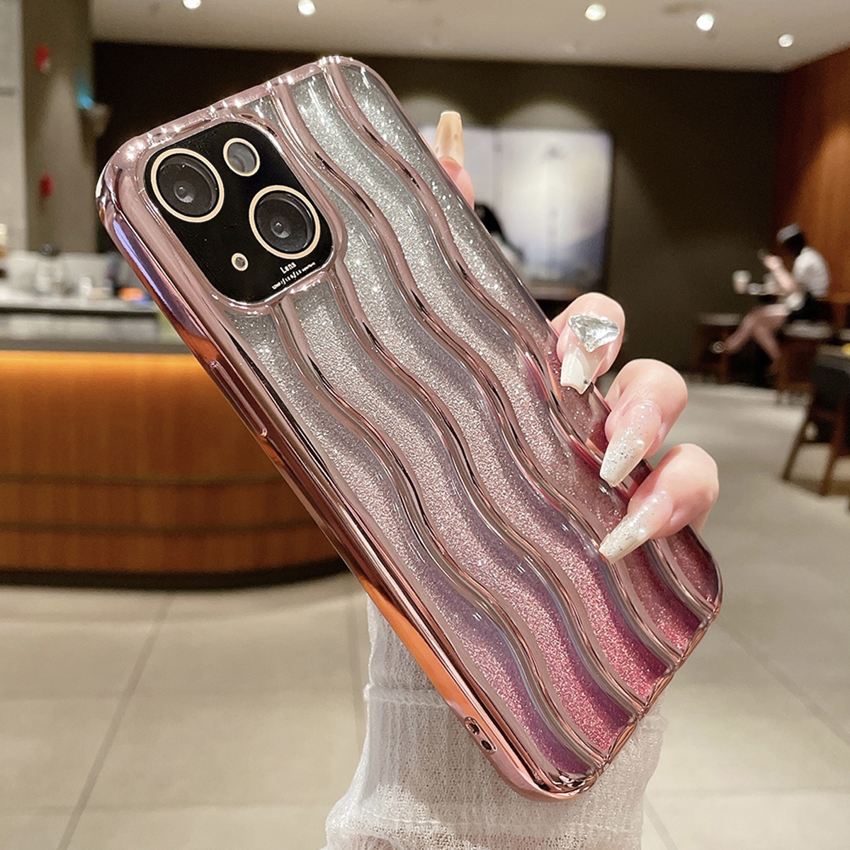 For iPhone 15 Wave Texture Electroplated TPU Glitter Powder Phone Case(Pink) - Shopkiz.com