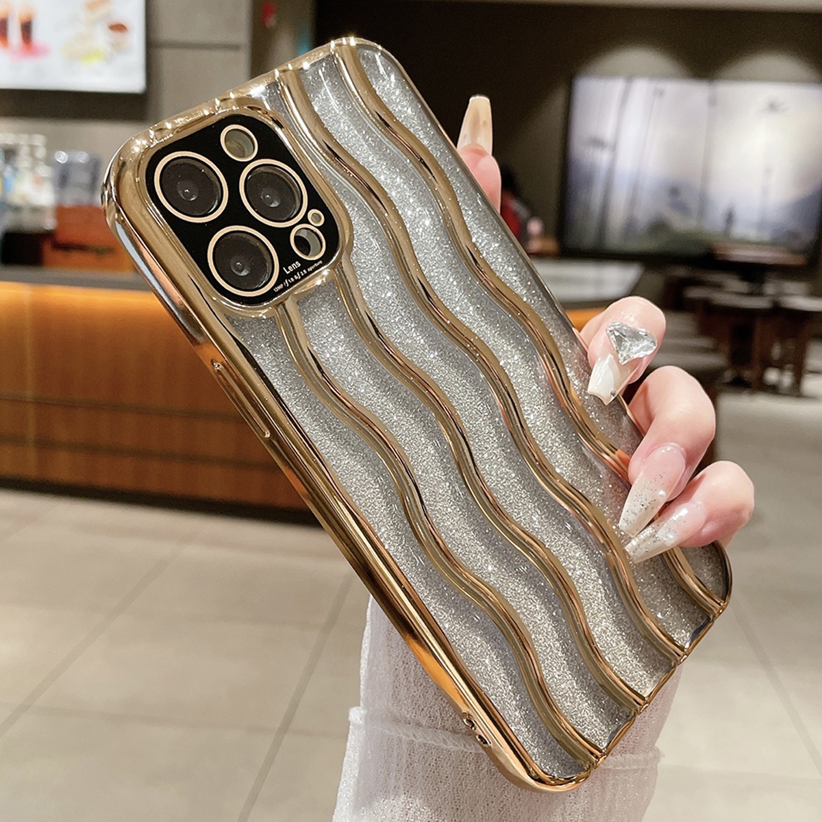 For iPhone 14 Pro Max Wave Texture Electroplated TPU Glitter Powder Phone Case(Gold) - Shopkiz.com