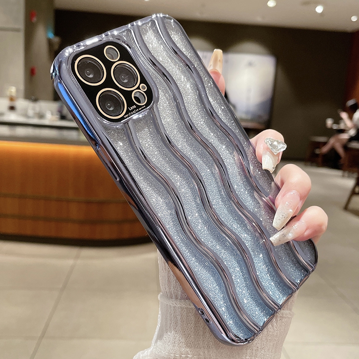 For iPhone 14 Pro Max Wave Texture Electroplated TPU Glitter Powder Phone Case(Sierra Blue) - Shopkiz.com