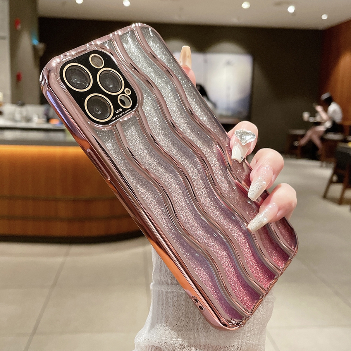 For iPhone 14 Pro Max Wave Texture Electroplated TPU Glitter Powder Phone Case(Pink) - Shopkiz.com