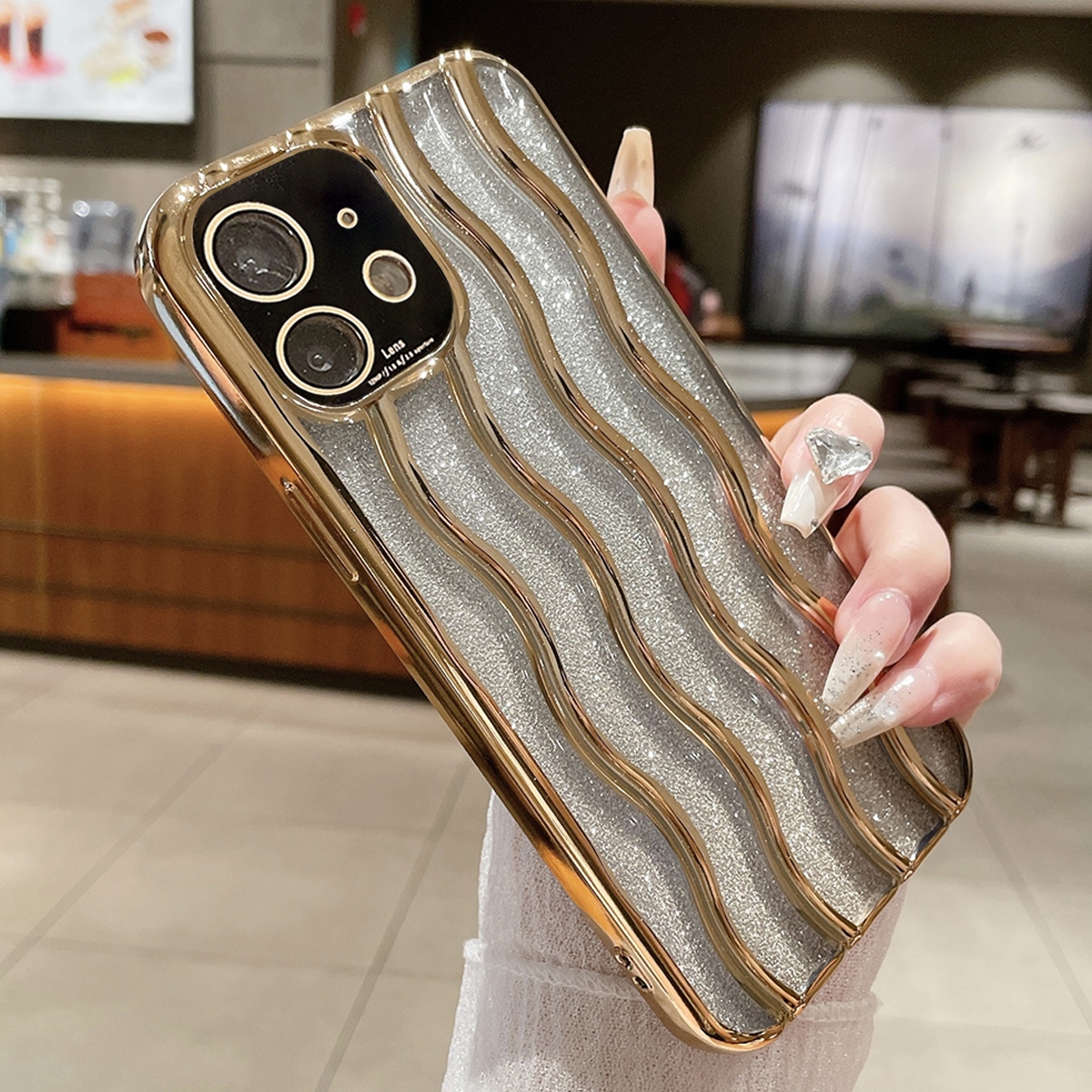 For iPhone 12 Wave Texture Electroplated TPU Glitter Powder Phone Case(Gold) - Shopkiz.com