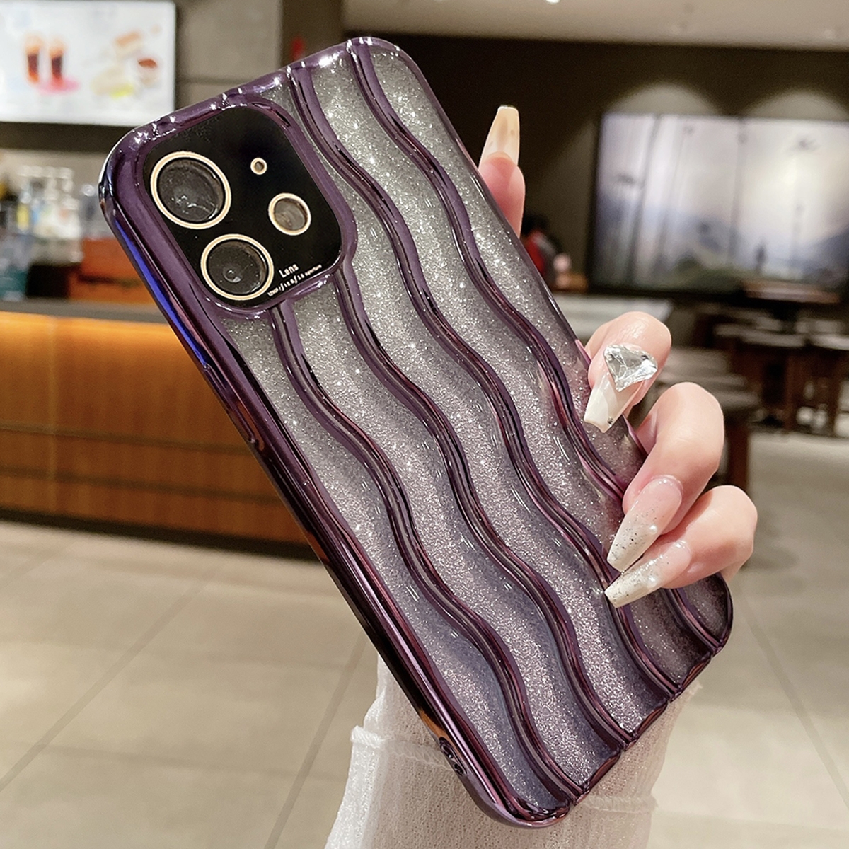 For iPhone 11 Wave Texture Electroplated TPU Glitter Powder Phone Case(Purple) - Shopkiz.com