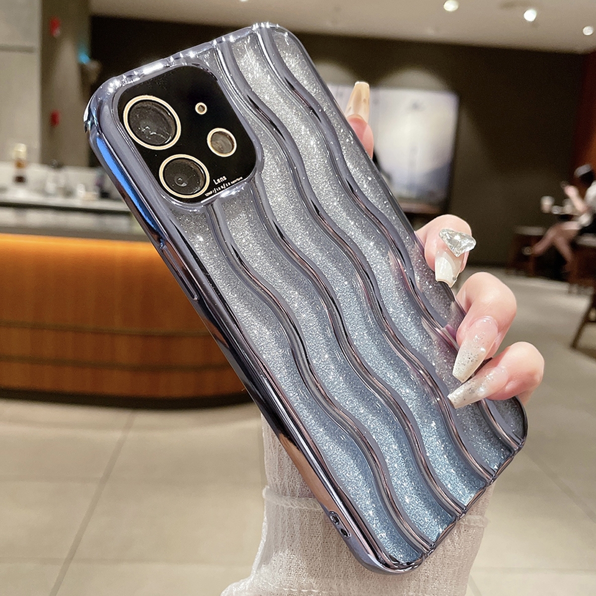 For iPhone 11 Wave Texture Electroplated TPU Glitter Powder Phone Case(Sierra Blue) - Shopkiz.com