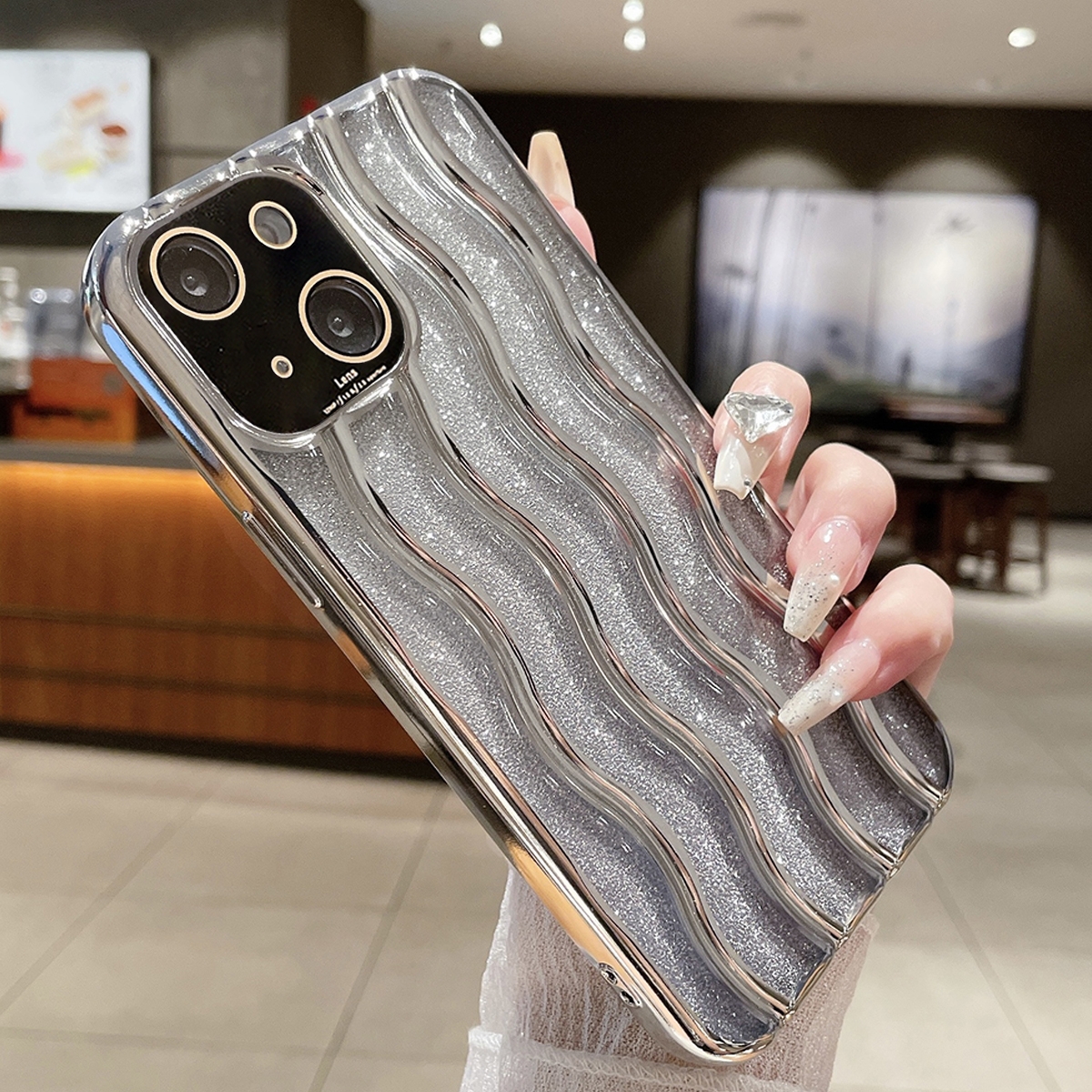 For iPhone 14 Plus Wave Texture Electroplated TPU Glitter Powder Phone Case(Silver) - Shopkiz.com