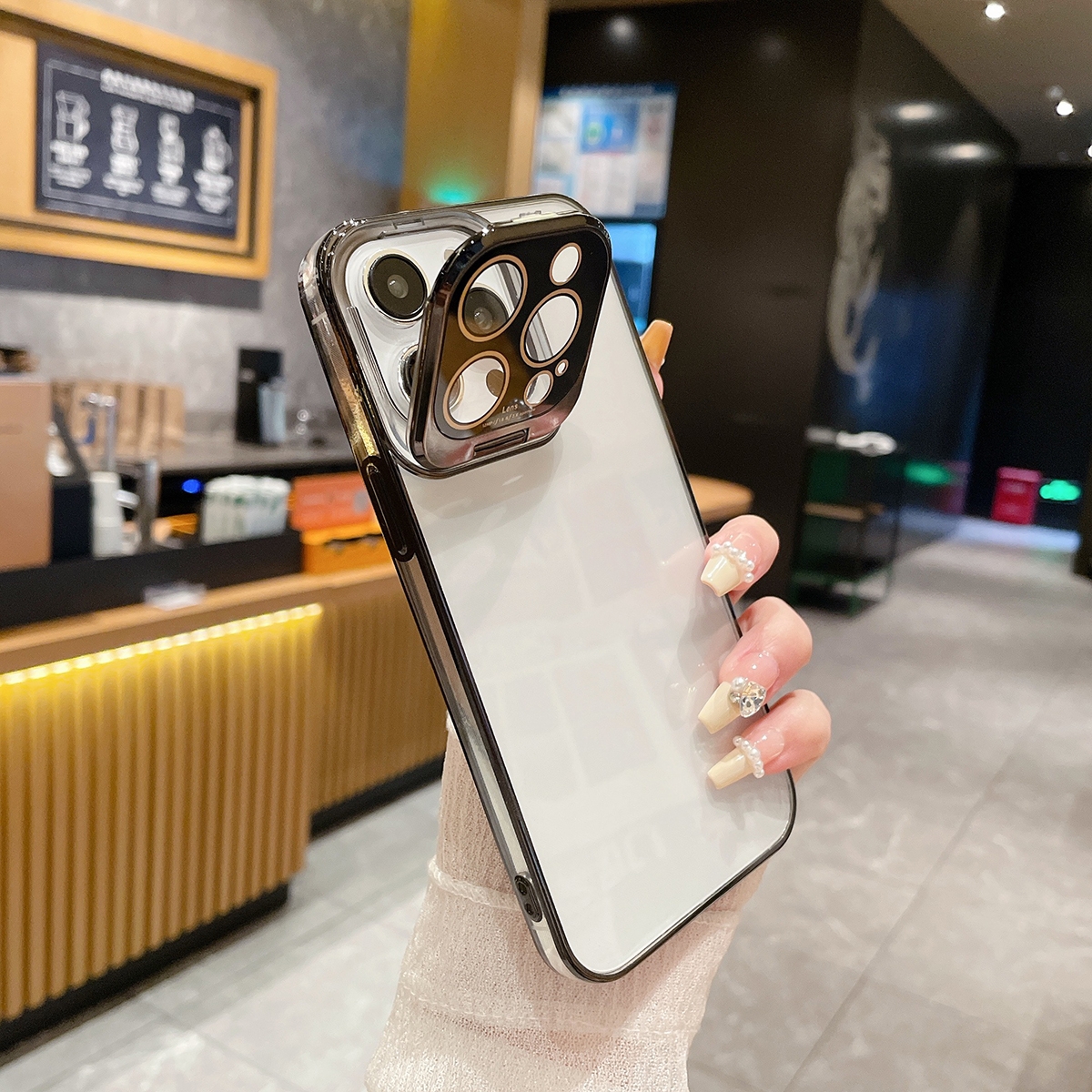For iPhone 15 Pro Max Electroplated Lens Protectoin Holder TPU Phone Case(Black) - Shopkiz.com