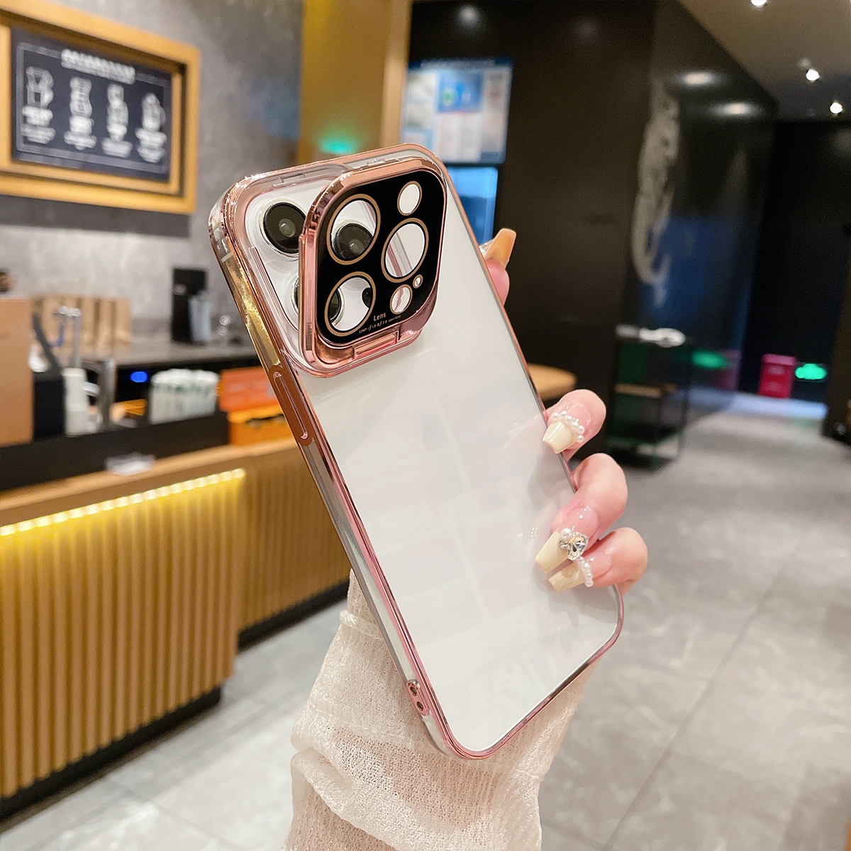 For iPhone 14 Pro Max Electroplated Lens Protectoin Holder TPU Phone Case(Pink) - Shopkiz.com