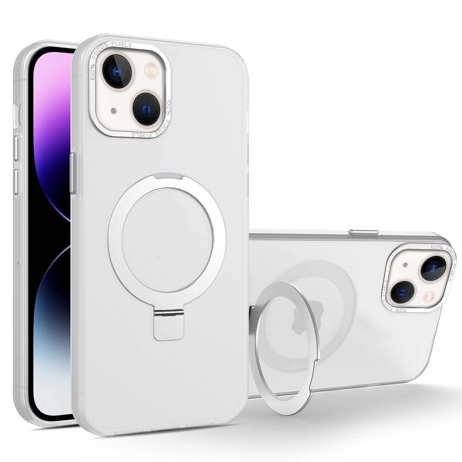 For iPhone 15 MagSafe Metal Holder Frosted Translucent Phone Case(White) - Shopkiz.com