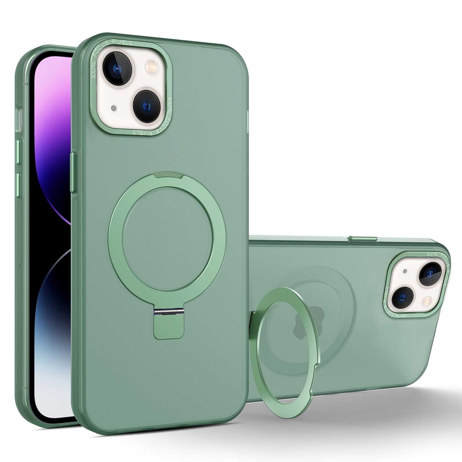 For iPhone 14 MagSafe Metal Holder Frosted Translucent Phone Case(Green) - Shopkiz.com