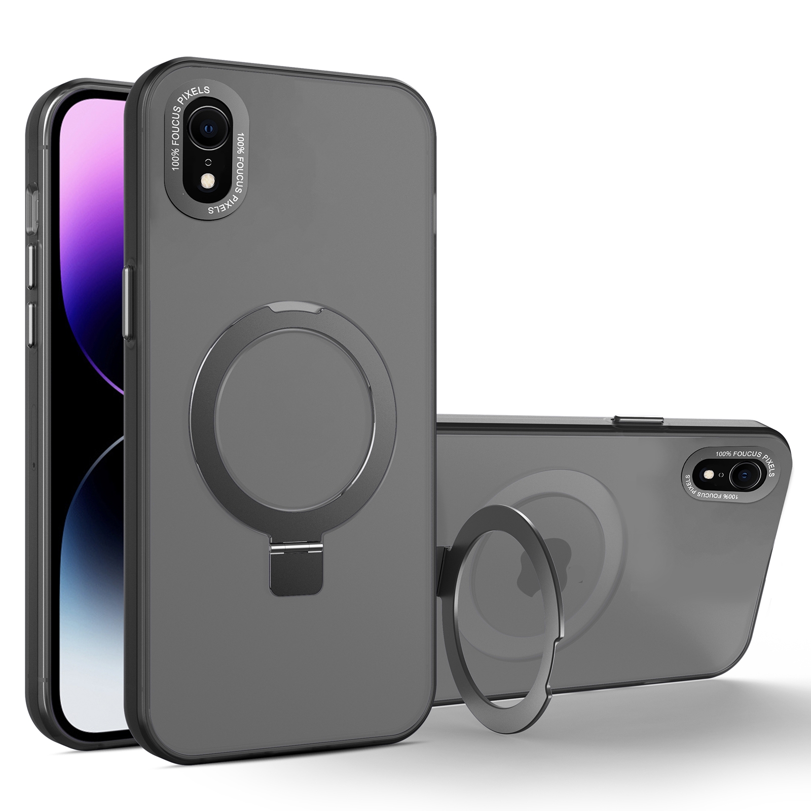 For iPhone XR MagSafe Metal Holder Frosted Translucent Phone Case(Black) - Shopkiz.com