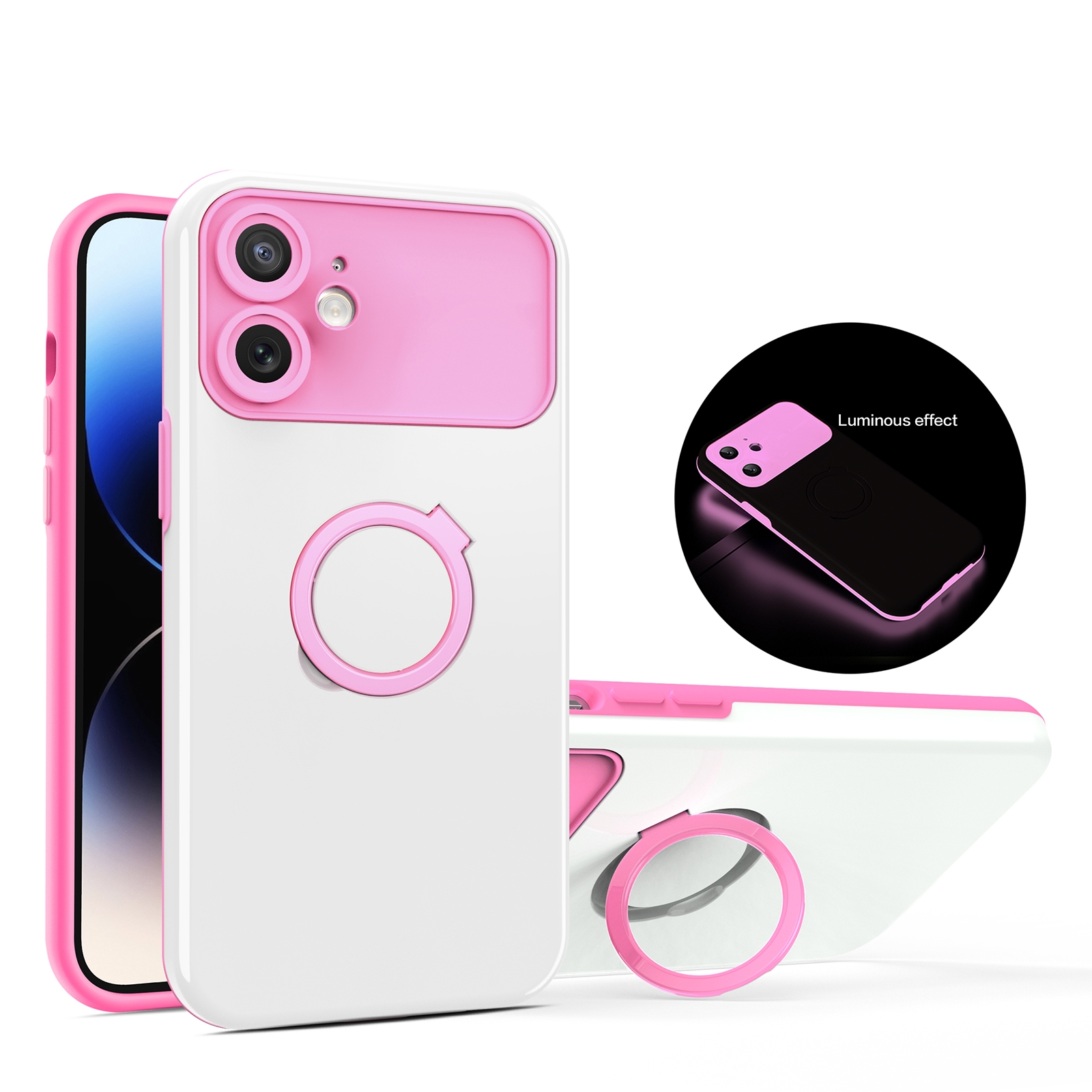 For iPhone 12 Luminous Series Ring Holder Phone Case(White + Pink) - Shopkiz.com