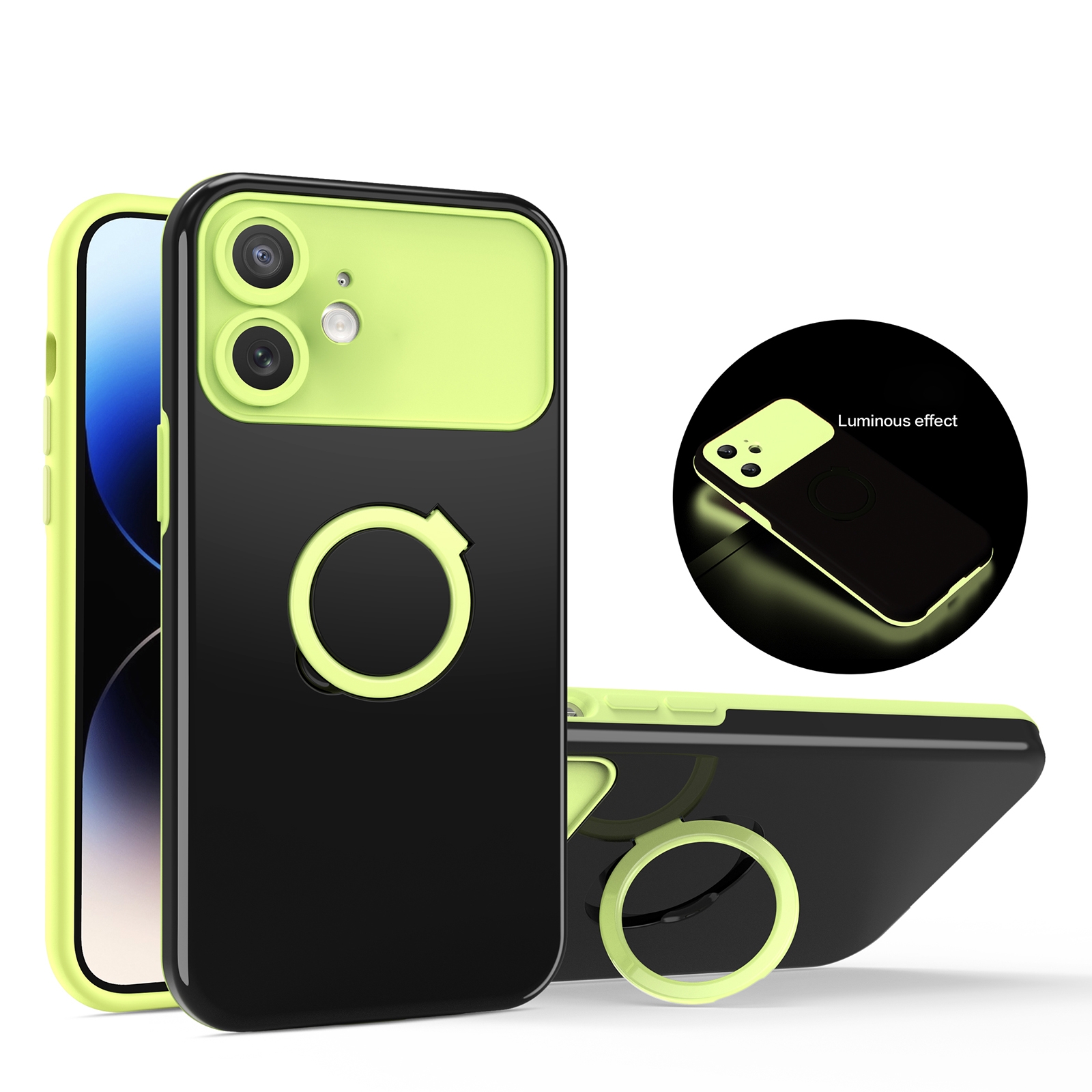 For iPhone 12 Luminous Series Ring Holder Phone Case(Black + Yellow) - Shopkiz.com