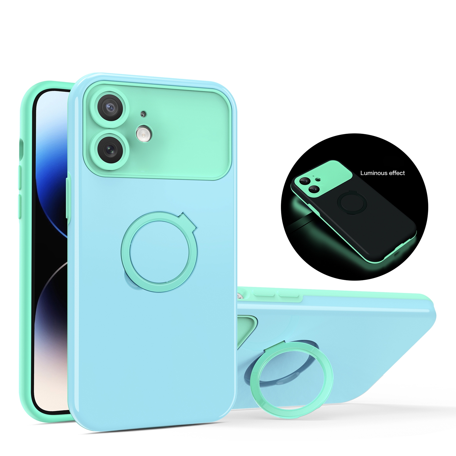 For iPhone 12 Luminous Series Ring Holder Phone Case(Blue + Lake Green) - Shopkiz.com