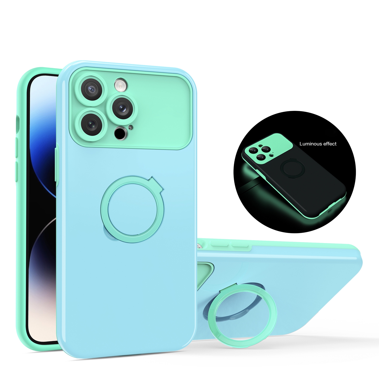 For iPhone 12 Pro Luminous Series Ring Holder Phone Case(Blue + Lake Green) - Shopkiz.com