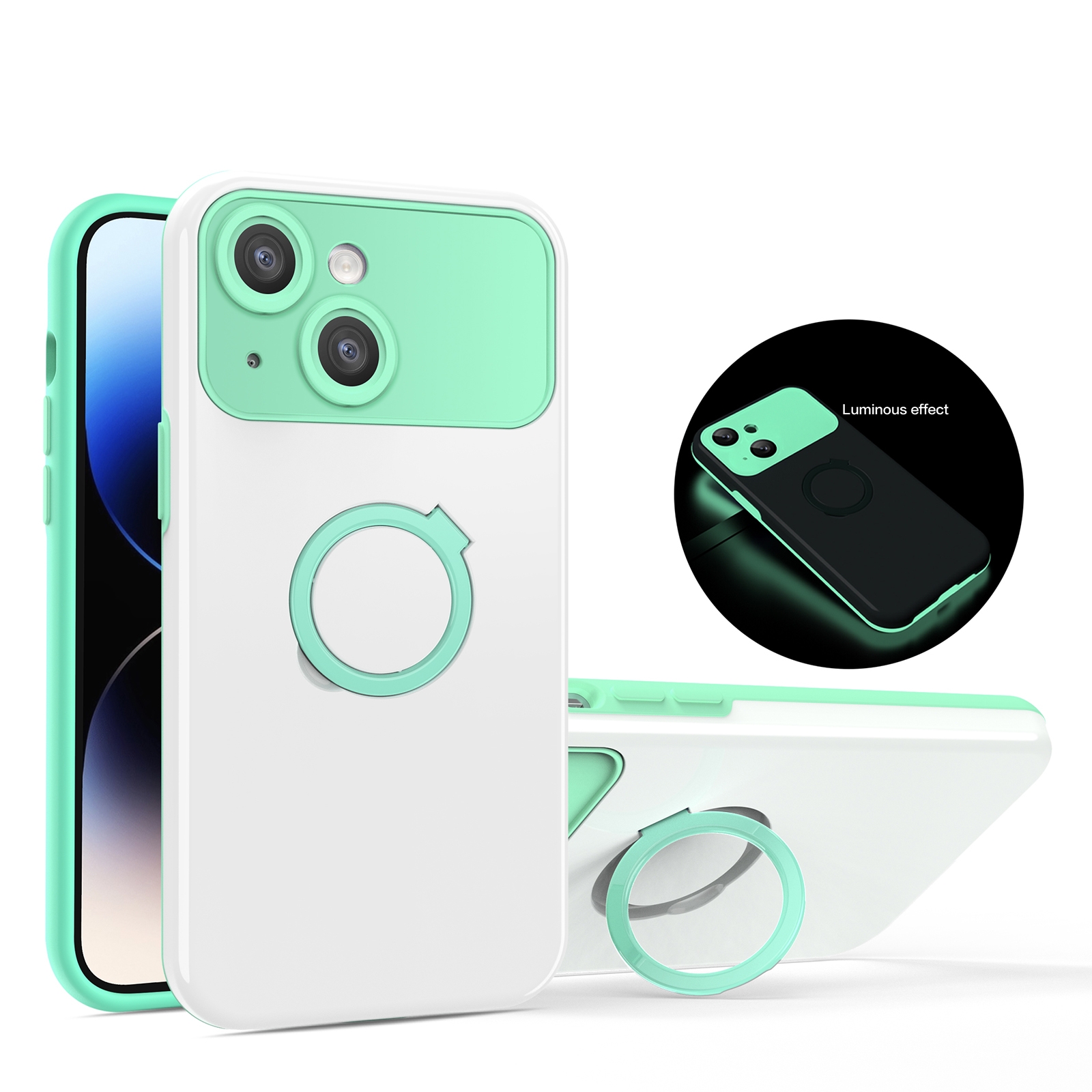 For iPhone 14 Luminous Series Ring Holder Phone Case(White + Lake Green) - Shopkiz.com