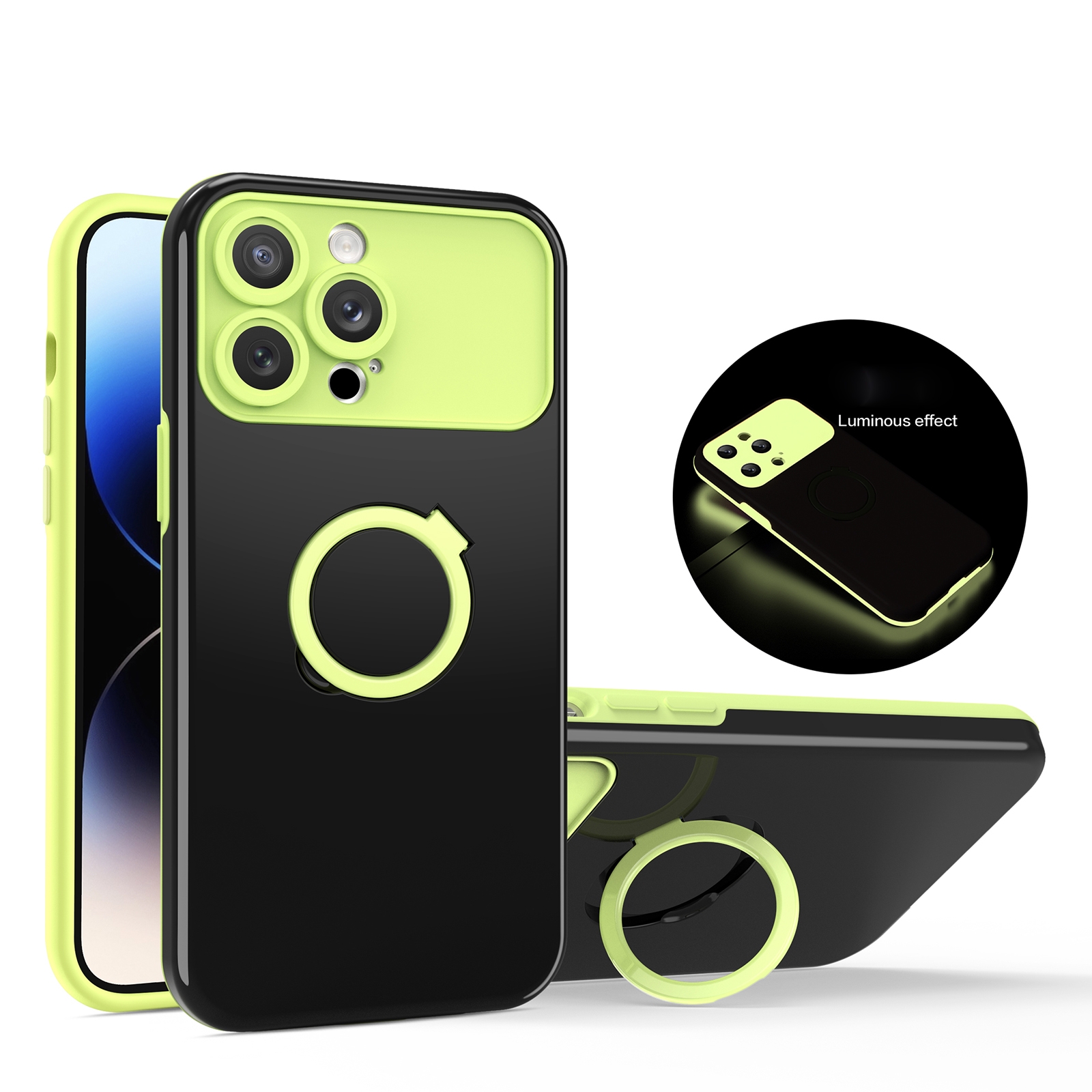 For iPhone 14 Pro Luminous Series Ring Holder Phone Case(Black + Yellow) - Shopkiz.com