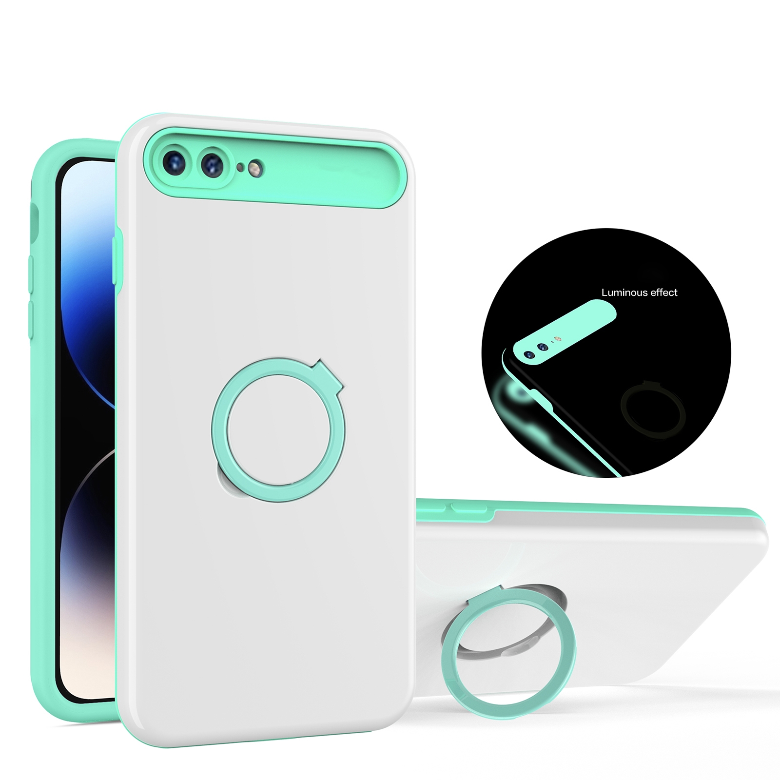 For iPhone 8 Plus / 7 Plus Luminous Series Ring Holder Phone Case(White + Lake Green) - Shopkiz.com
