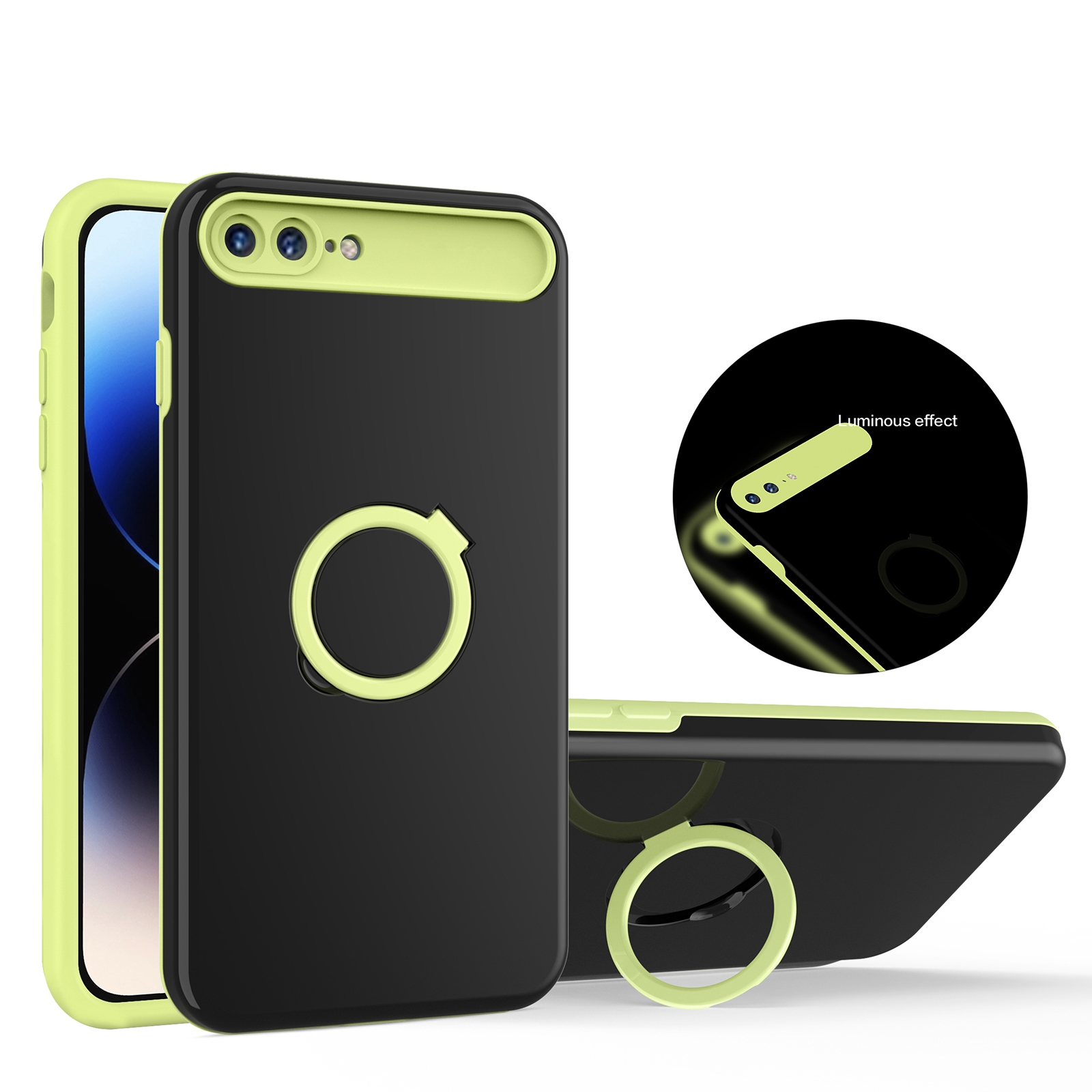 For iPhone 8 Plus / 7 Plus Luminous Series Ring Holder Phone Case(Black + Yellow) - Shopkiz.com