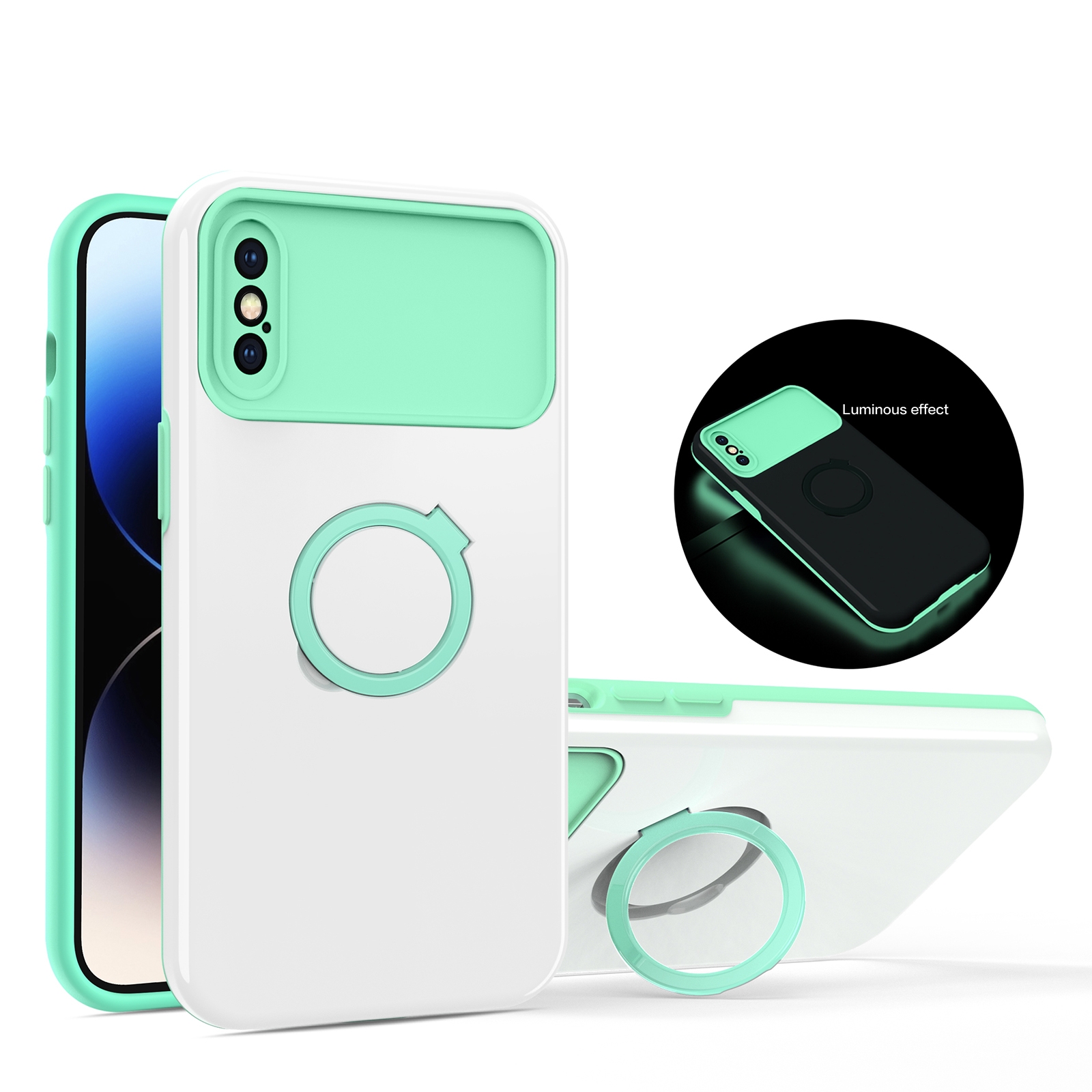 For iPhone XS / X Luminous Series Ring Holder Phone Case(White + Lake Green) - Shopkiz.com