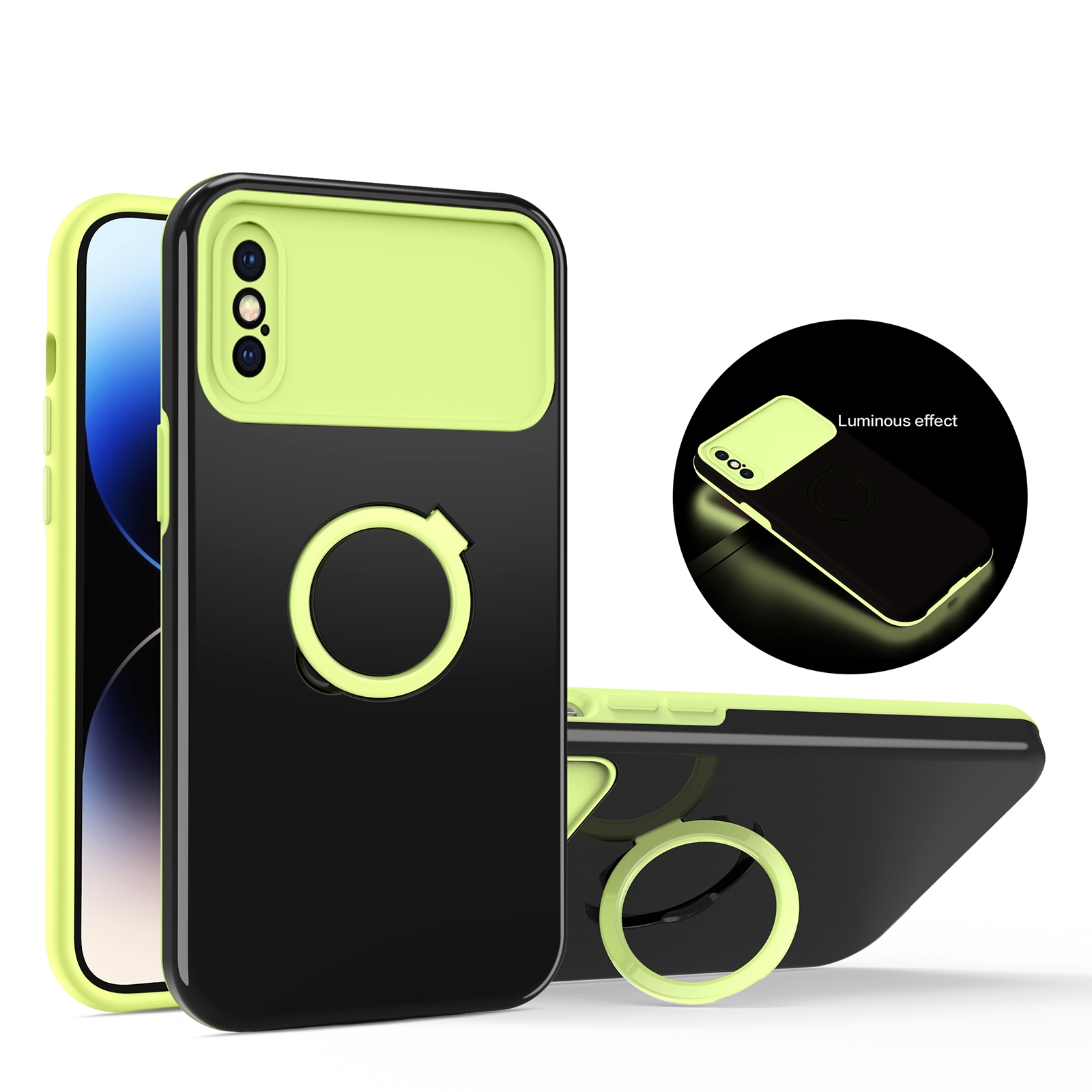 For iPhone XS / X Luminous Series Ring Holder Phone Case(Black + Yellow) - Shopkiz.com