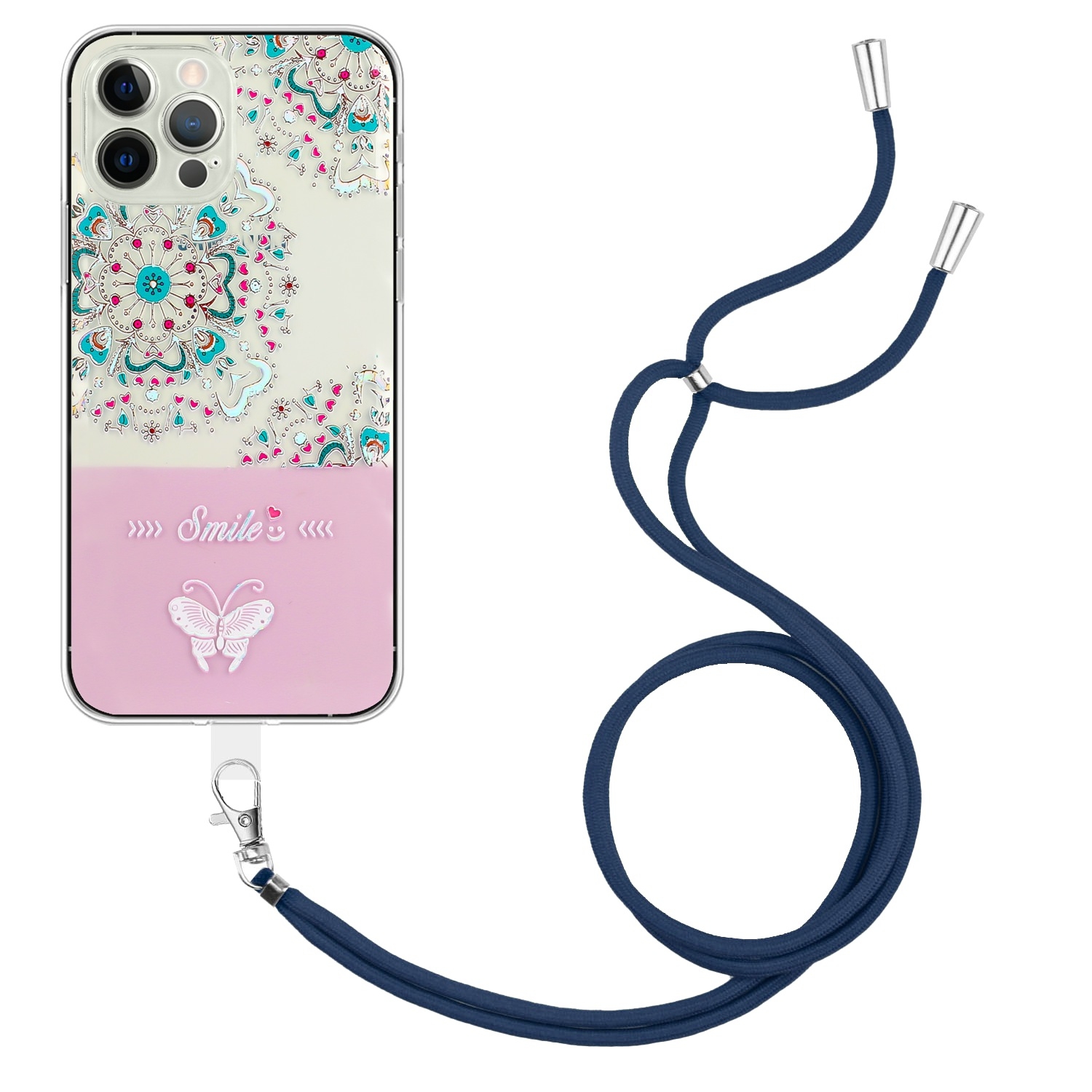 For iPhone 15 Pro Max Bronzing Butterfly Flower TPU Phone Case with Lanyard(Peacock Flower) - Shopkiz.com
