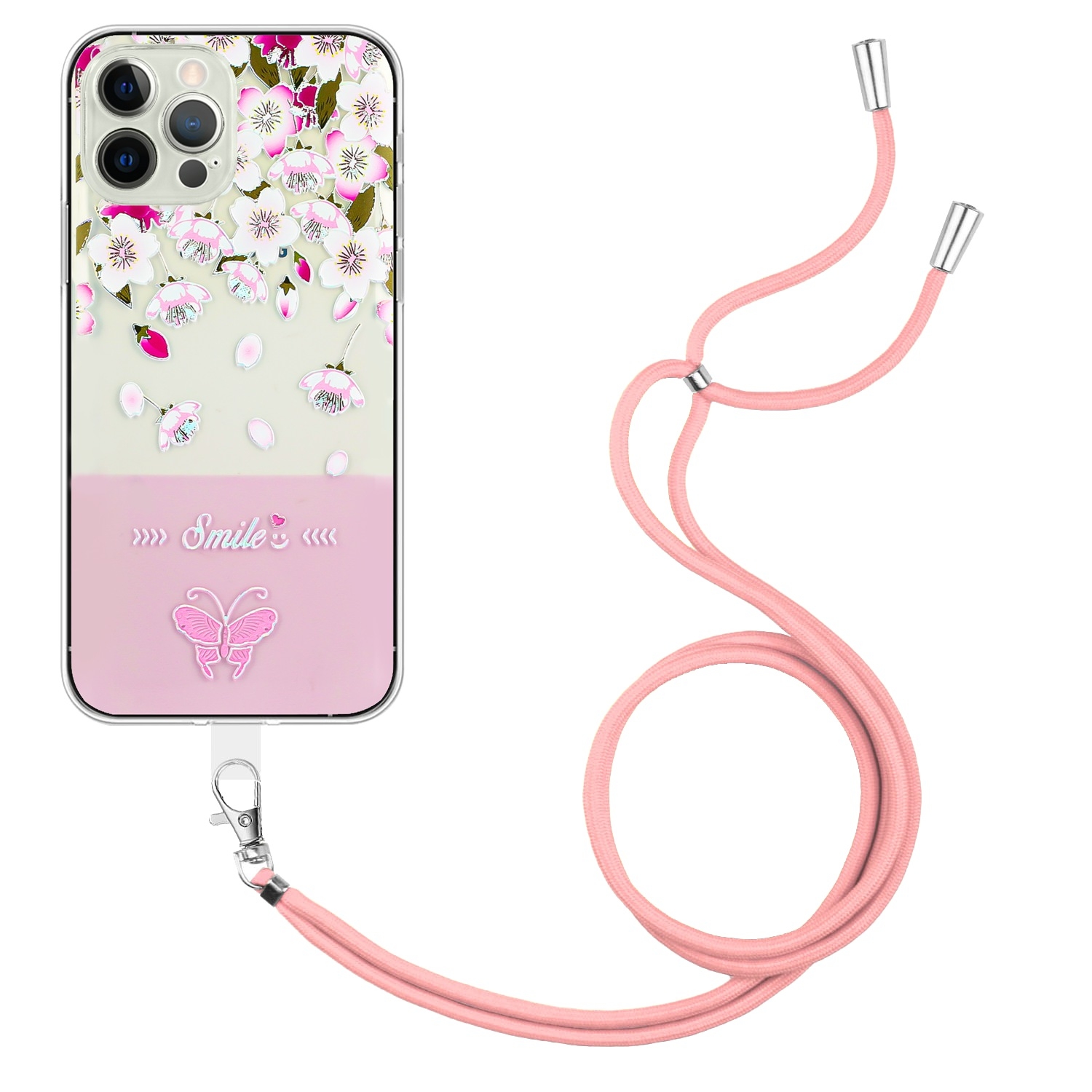 For iPhone 15 Pro Bronzing Butterfly Flower TPU Phone Case with Lanyard(Peach Blossoms) - Shopkiz.com