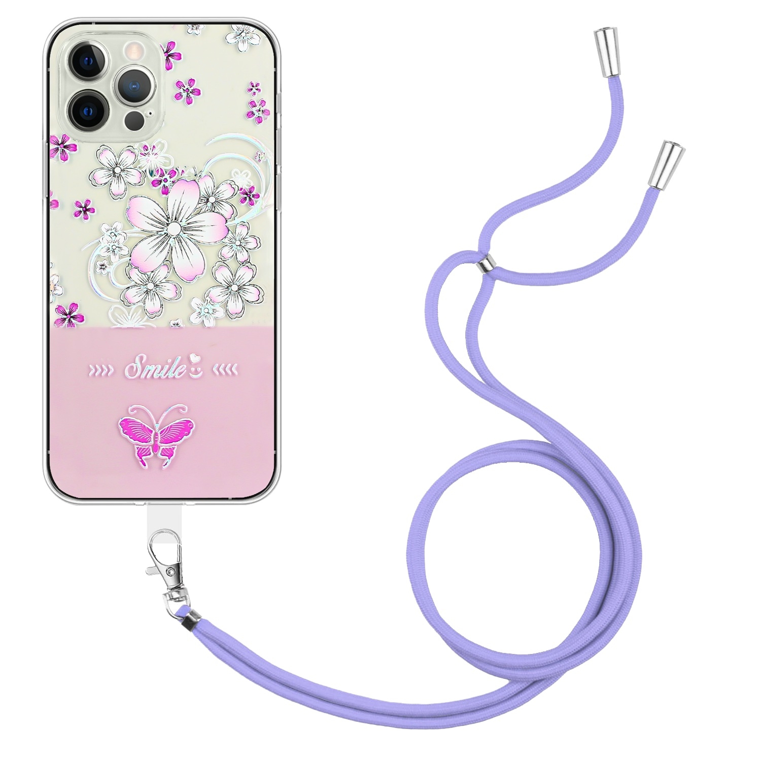 For iPhone 15 Pro Bronzing Butterfly Flower TPU Phone Case with Lanyard(Cherry Blossoms) - Shopkiz.com