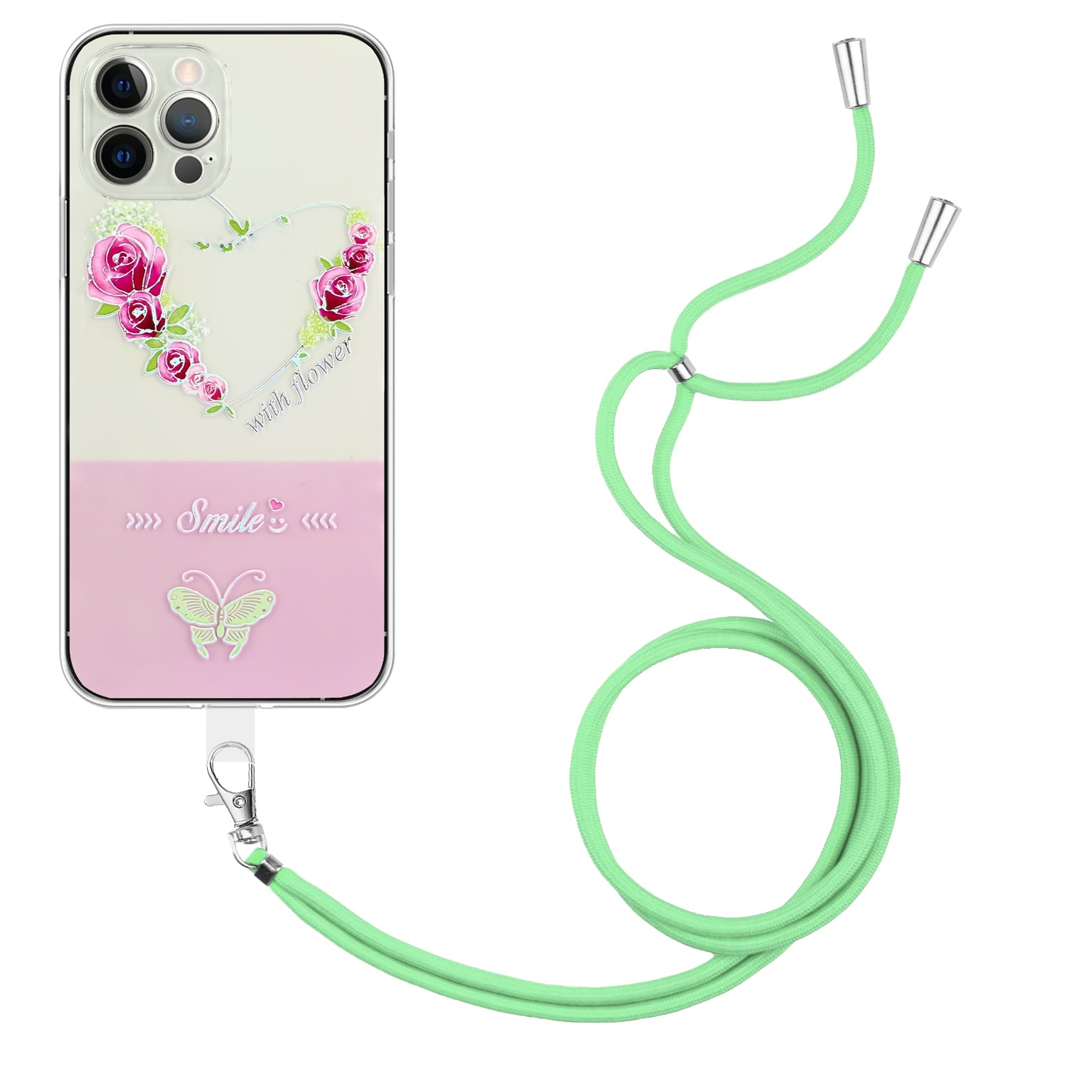 For iPhone 15 Plus Bronzing Butterfly Flower TPU Phone Case with Lanyard(Rose Heart) - Shopkiz.com