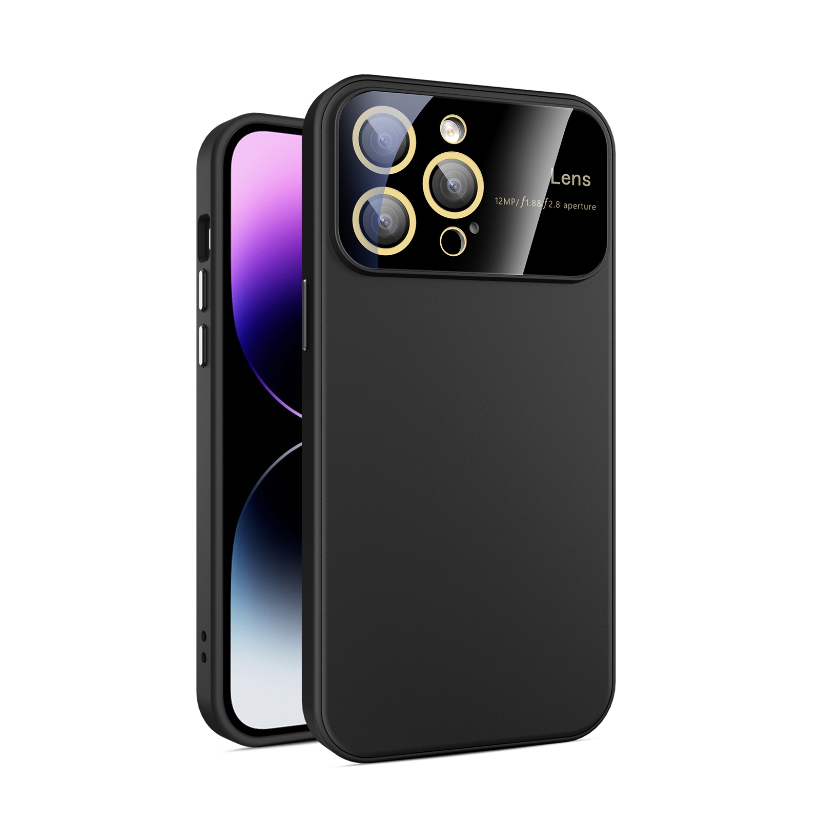 For iPhone 14 Pro Large Glass Window PC Phone Case with Integrated Lens Film(Black) - Shopkiz.com