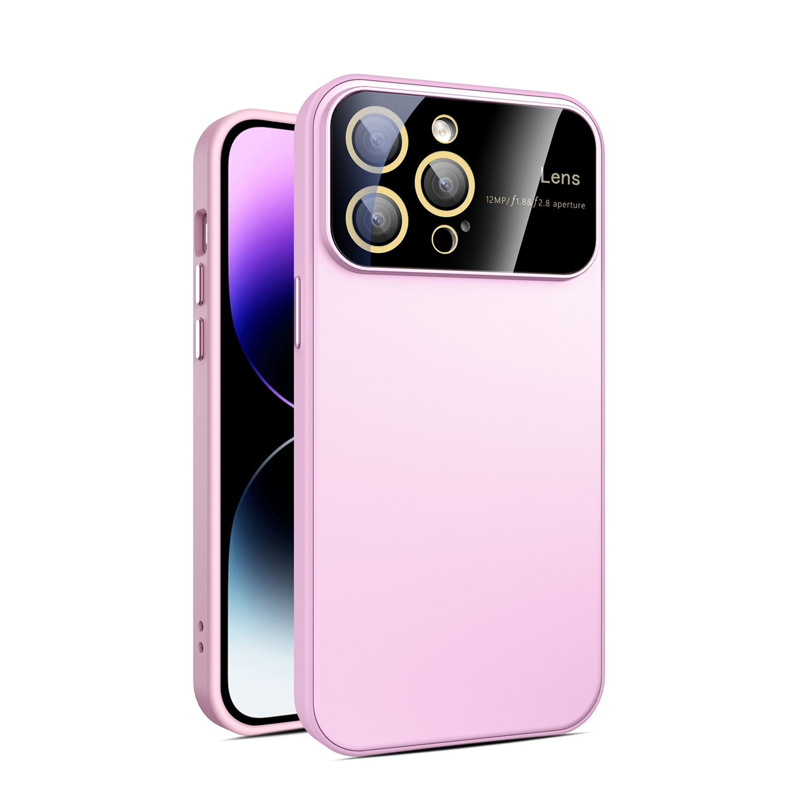 For iPhone 14 Pro Max Large Glass Window PC Phone Case with Integrated Lens Film(Pink) - Shopkiz.com