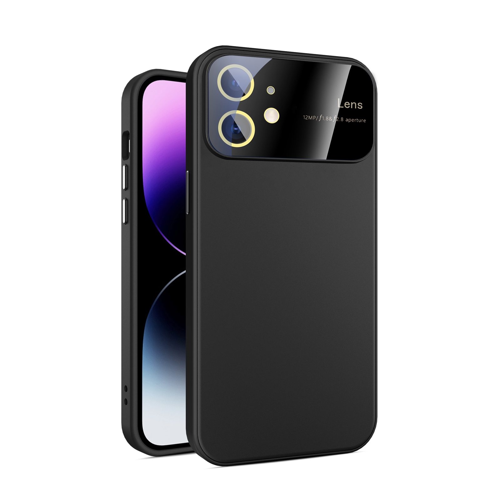 For iPhone 12 Large Glass Window PC Phone Case with Integrated Lens Film(Black) - Shopkiz.com